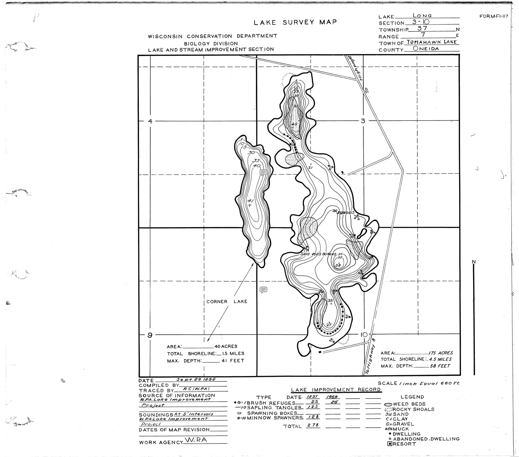 DNR survey map of Long Lake, with depths in feet. Tap to zoom.