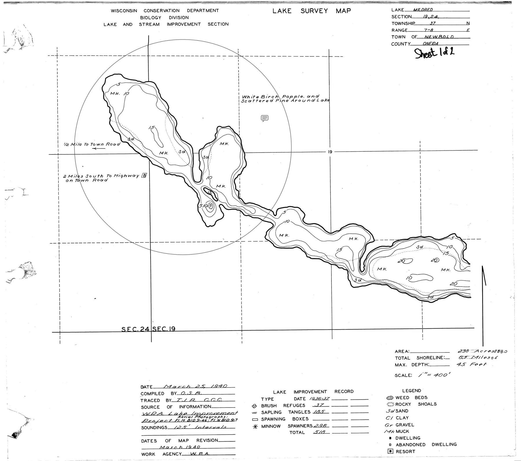 DNR survey map of Mildred Lake, sheet 1 of 2, with depths in feet. Tap to zoom.