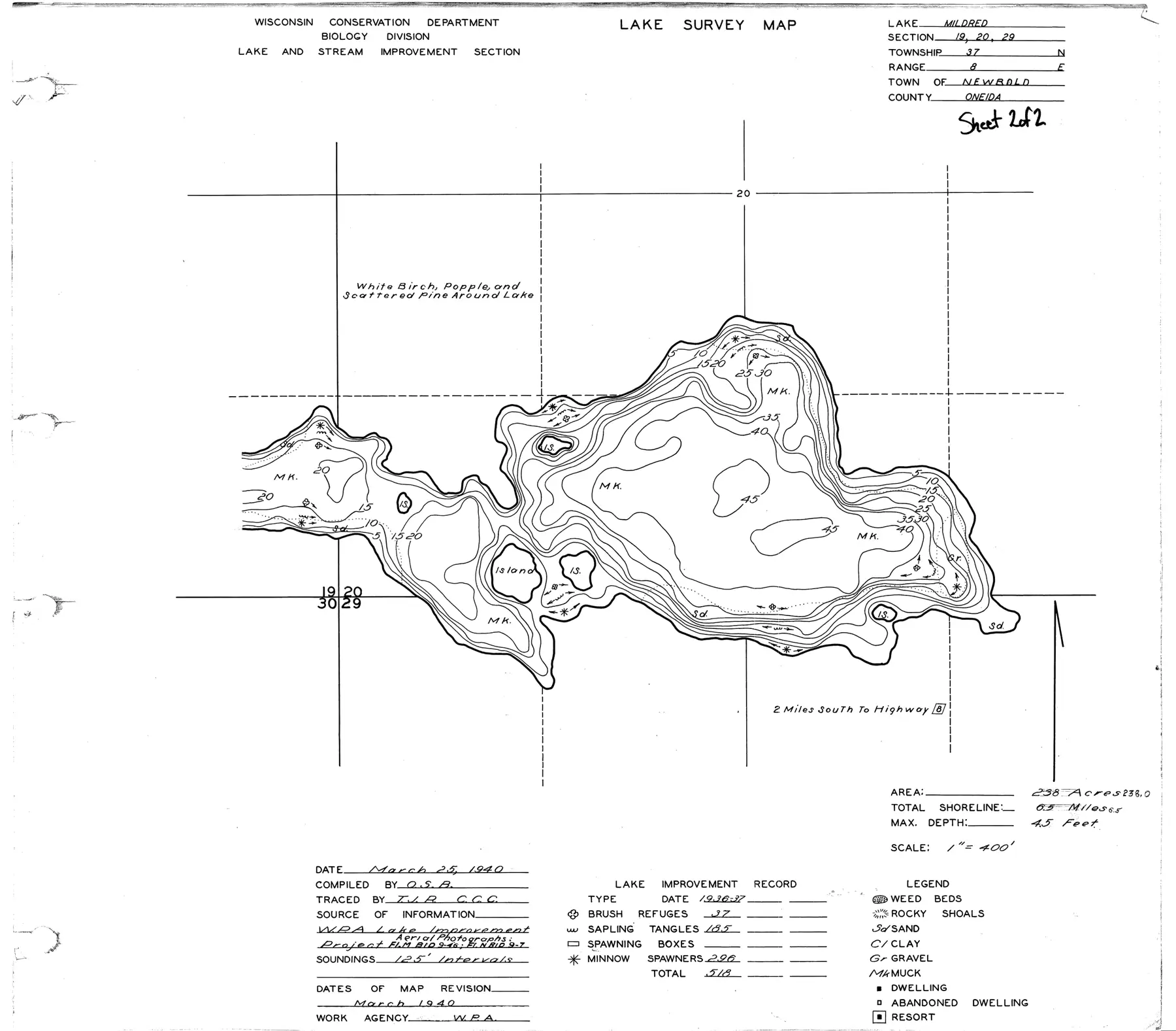 DNR survey map of Mildred Lake, sheet 2 of 2, with depths in feet. Tap to zoom.