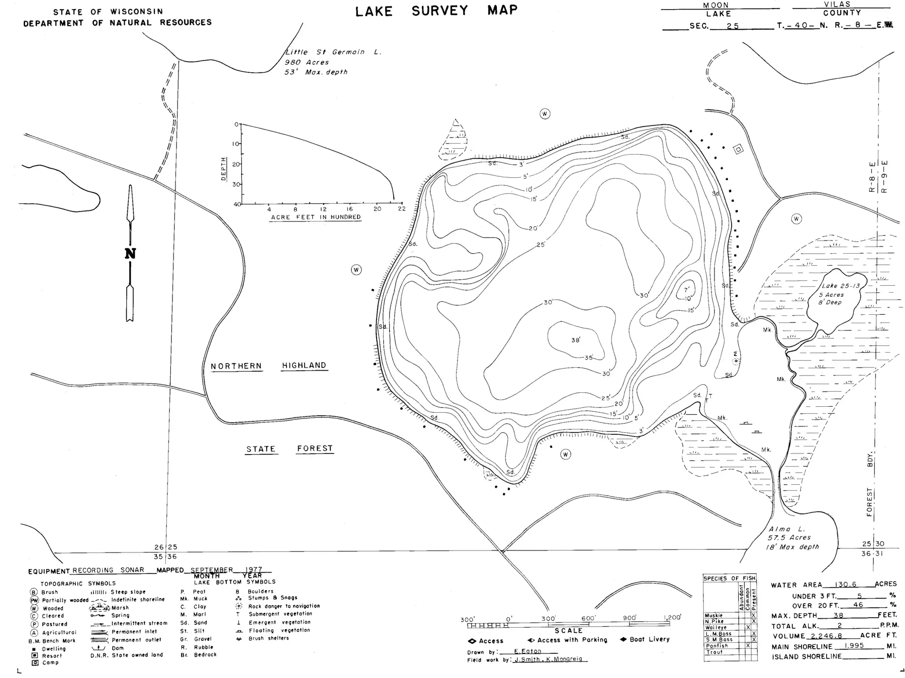 DNR survey map of Moon Lake, with depths in feet. Tap to zoom.