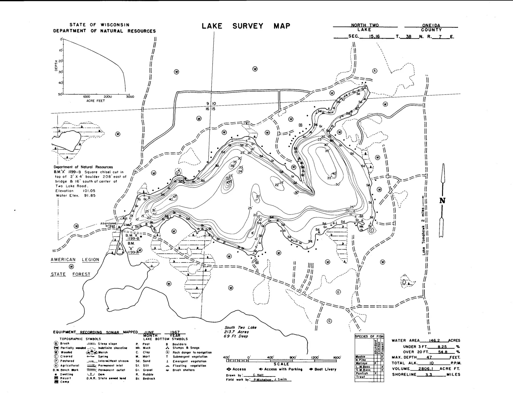 DNR survey map of North Two Lakes, with depths in feet. Tap to zoom.
