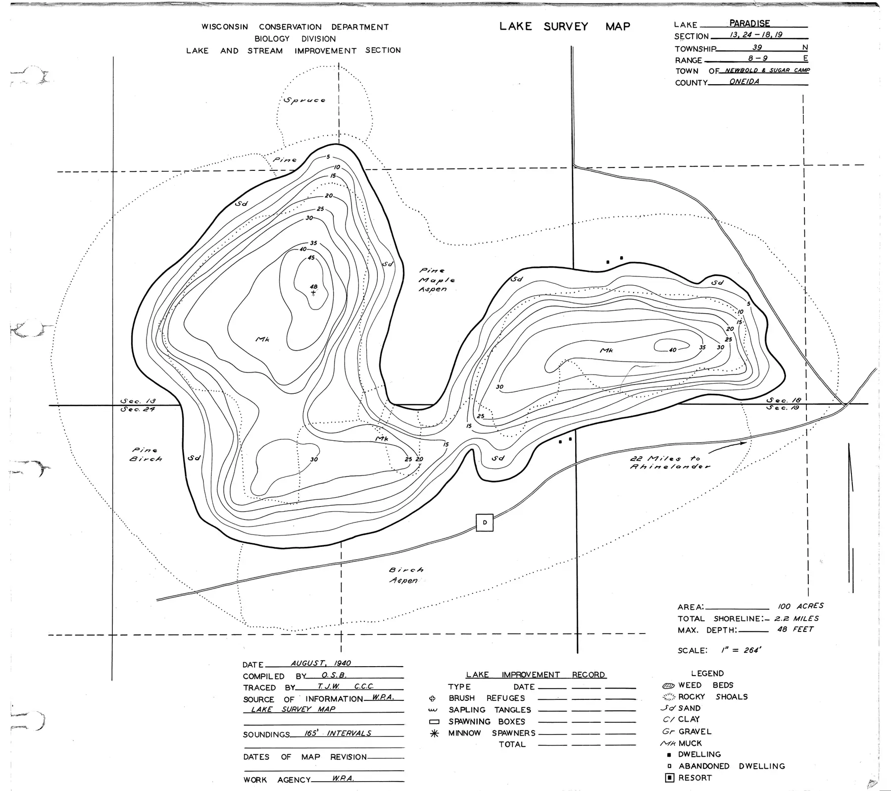DNR survey map of Paradise Lake, with depths in feet. Tap to zoom.