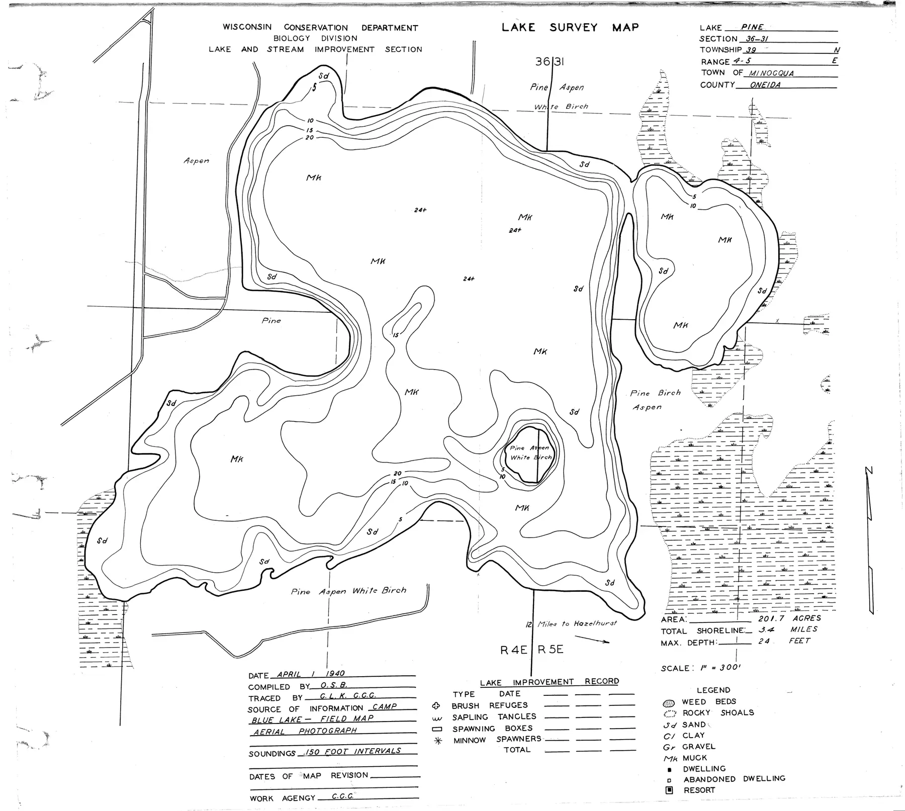 DNR survey map of Pine Lake, with depths in feet. Tap to zoom.