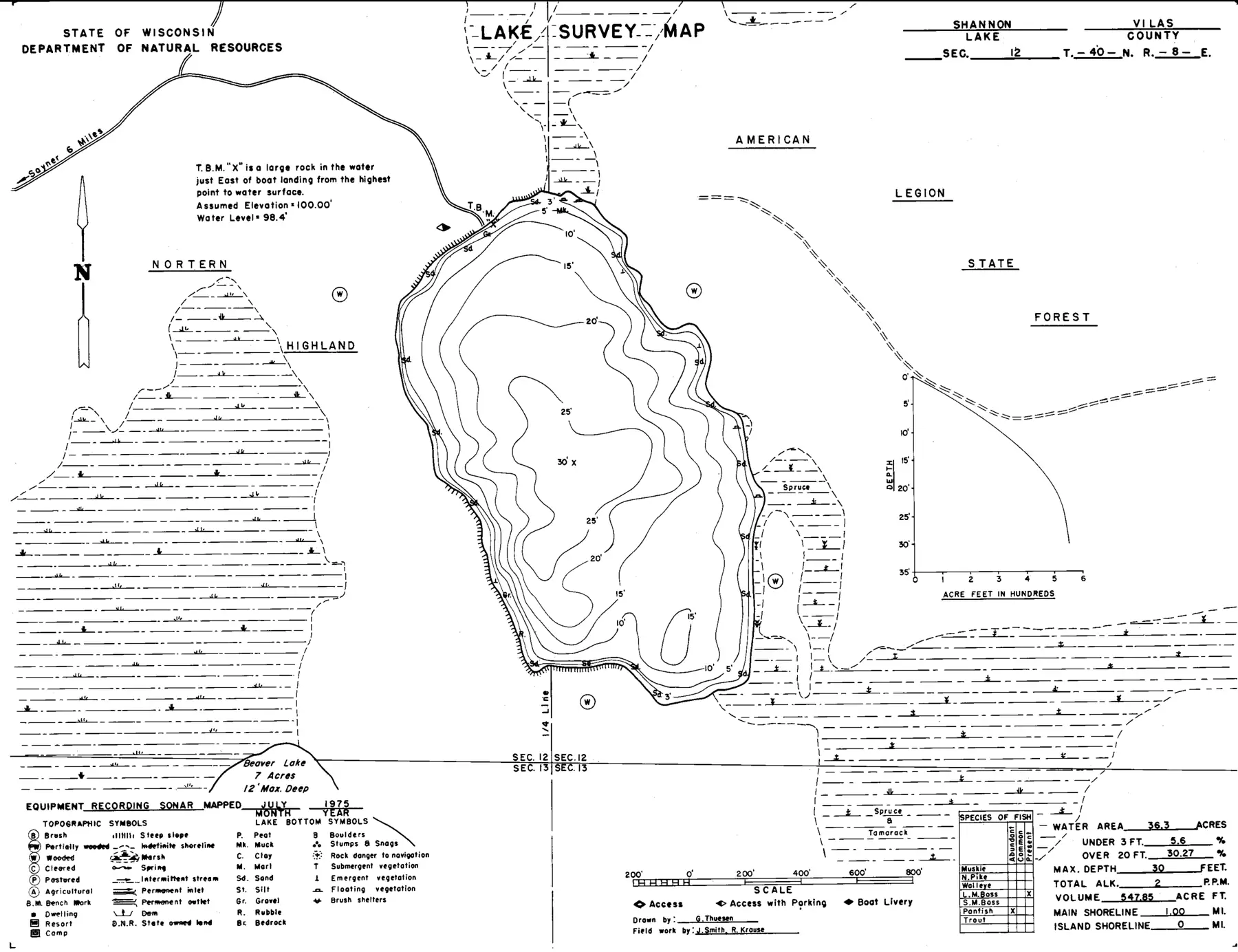 DNR survey map of Shannon Lake, with depths in feet. Tap to zoom.