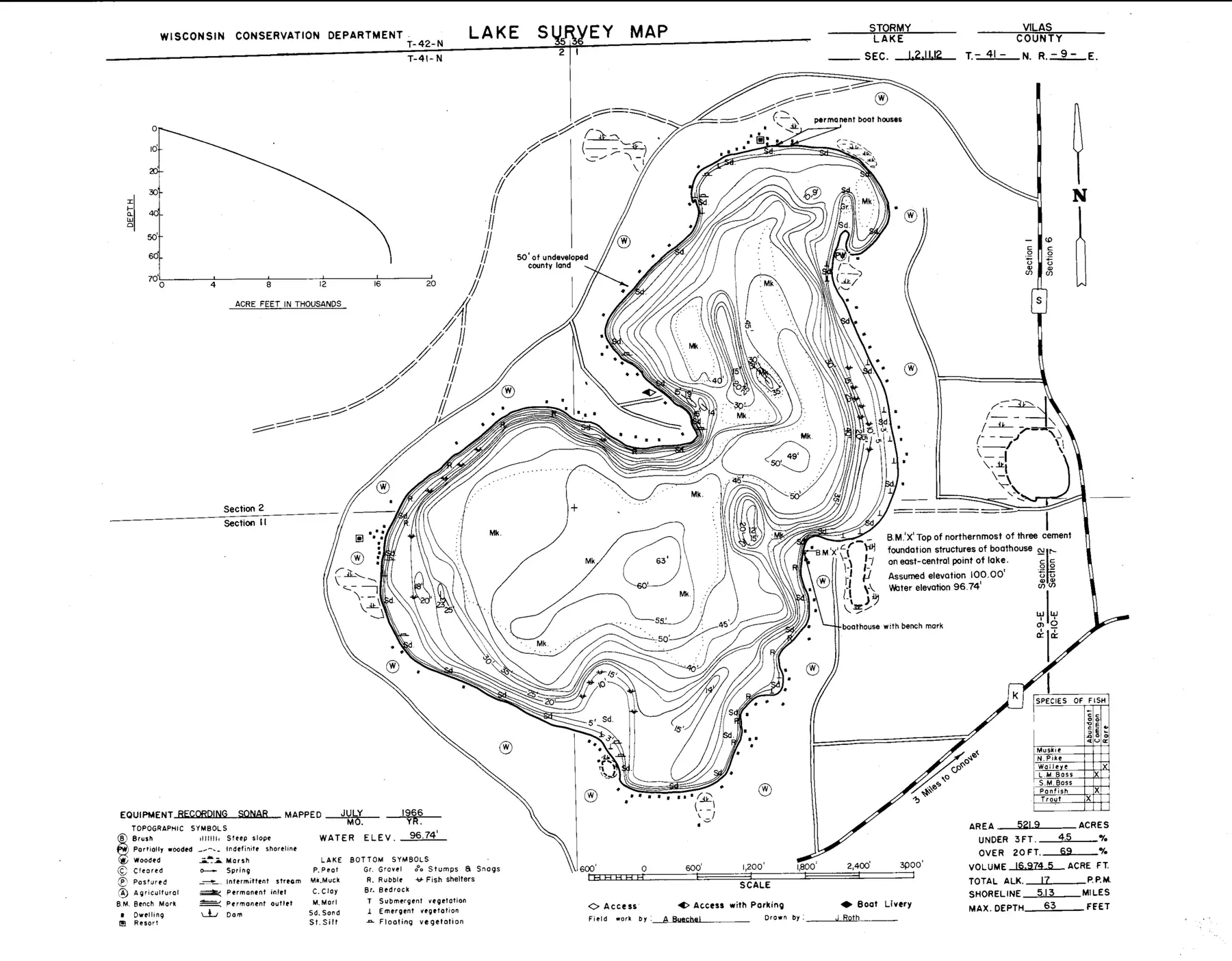 DNR survey map of Stormy Lake, with depths in feet. Tap to zoom.