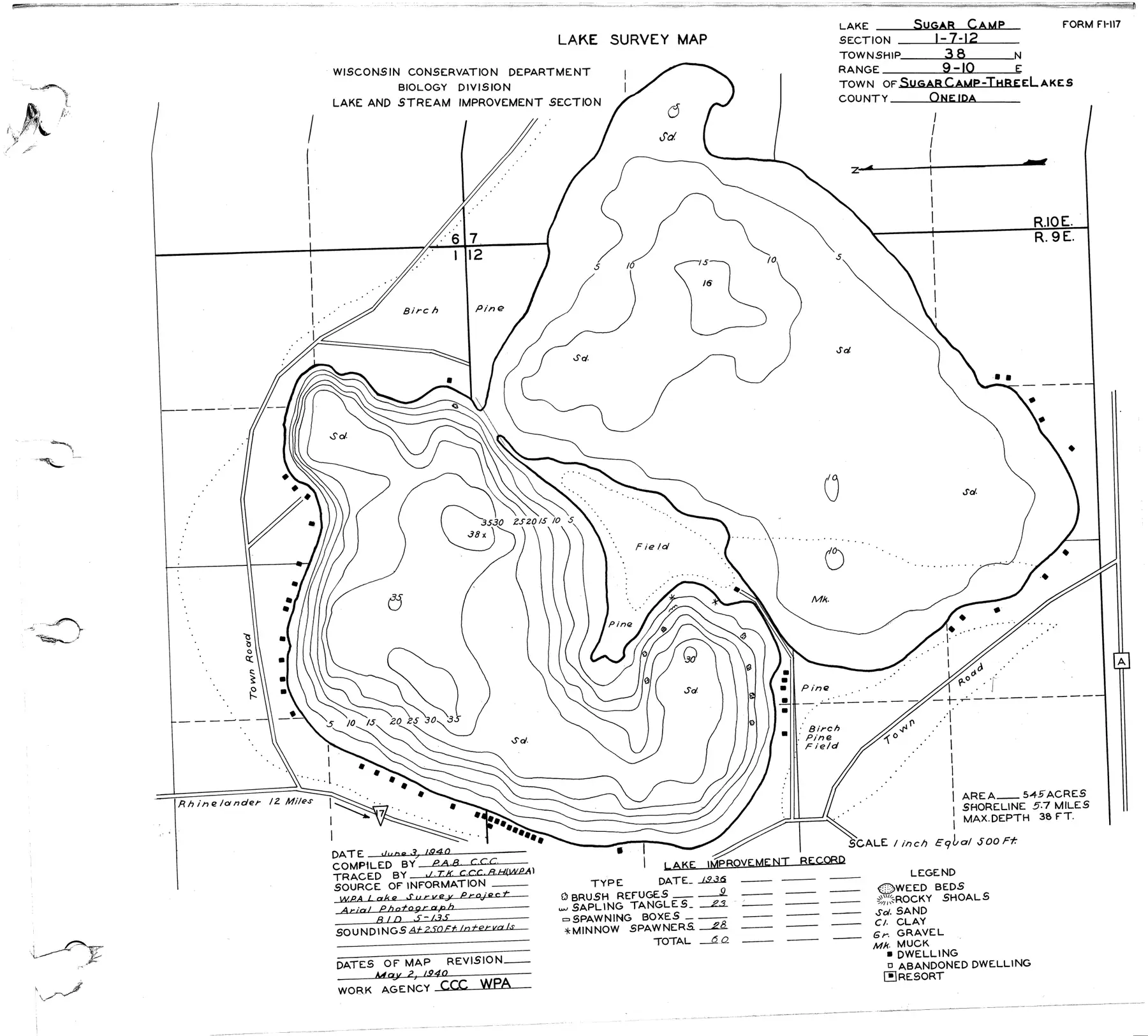 DNR survey map of Sugar Camp Lake, with depths in feet. Tap to zoom.