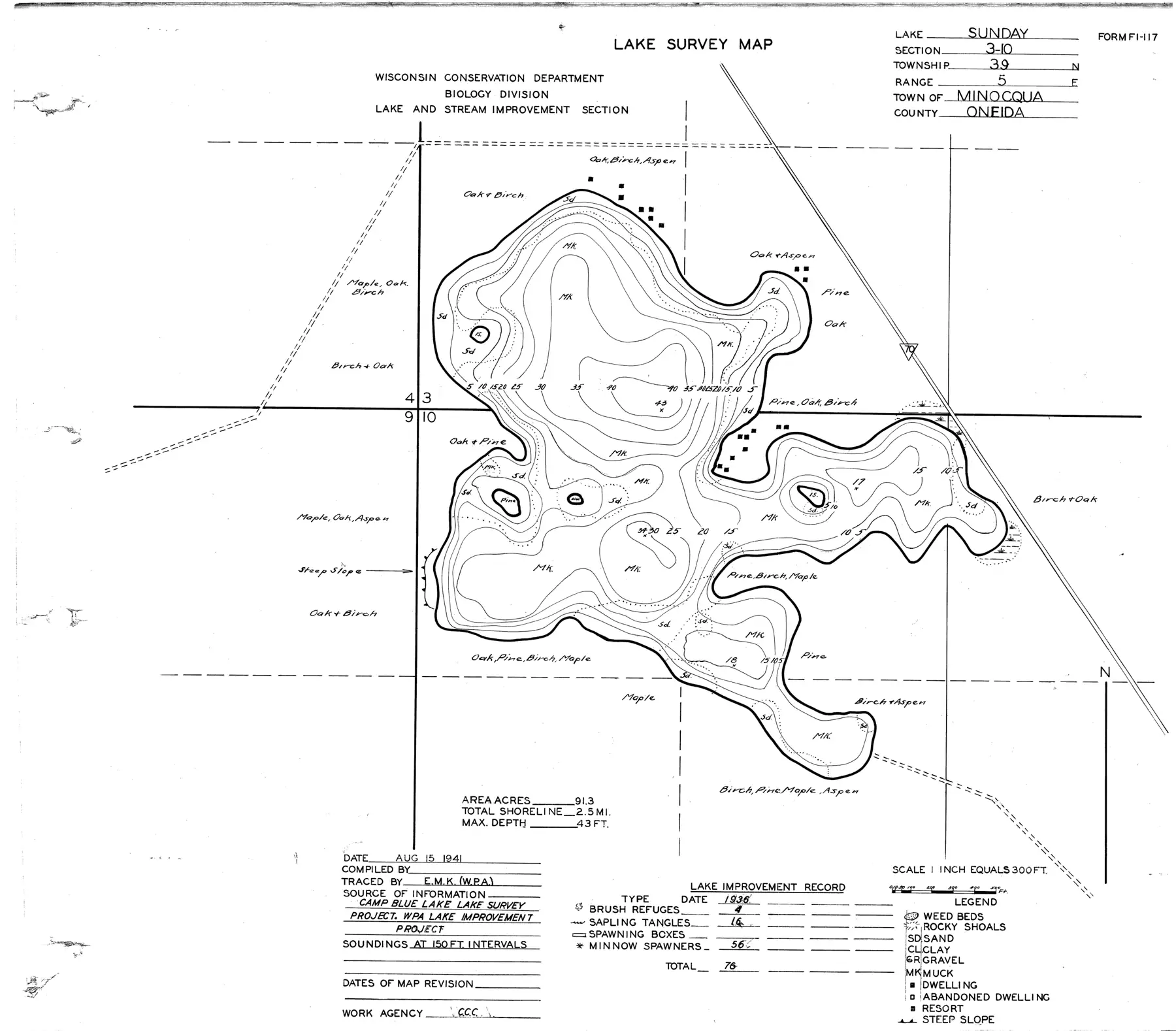 DNR survey map of Sunday Lake, with depths in feet. Tap to zoom.