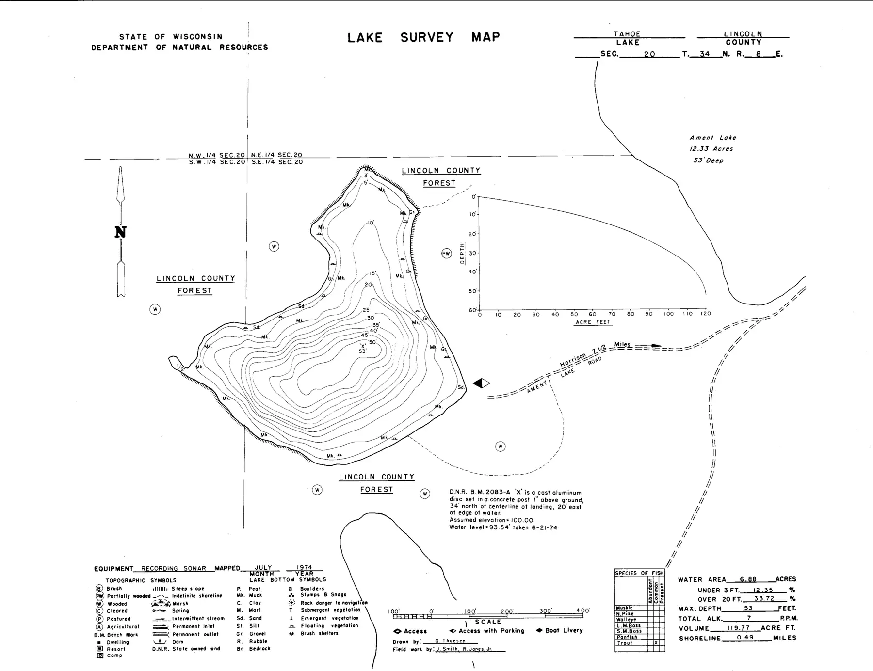 DNR survey map of Tahoe Lake, with depths in feet. Tap to zoom.