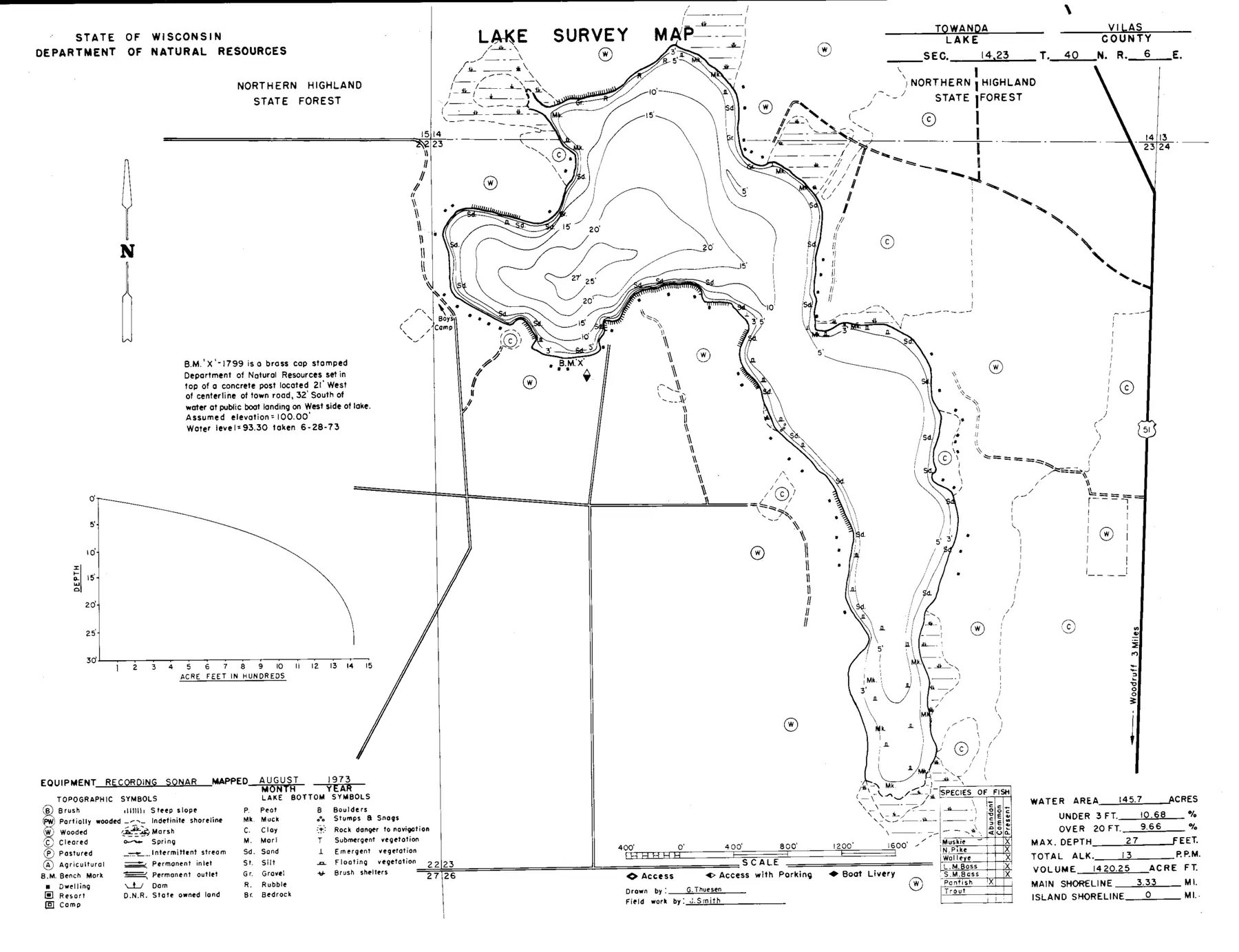 DNR survey map of Towanda Lake, with depths in feet. Tap to zoom.