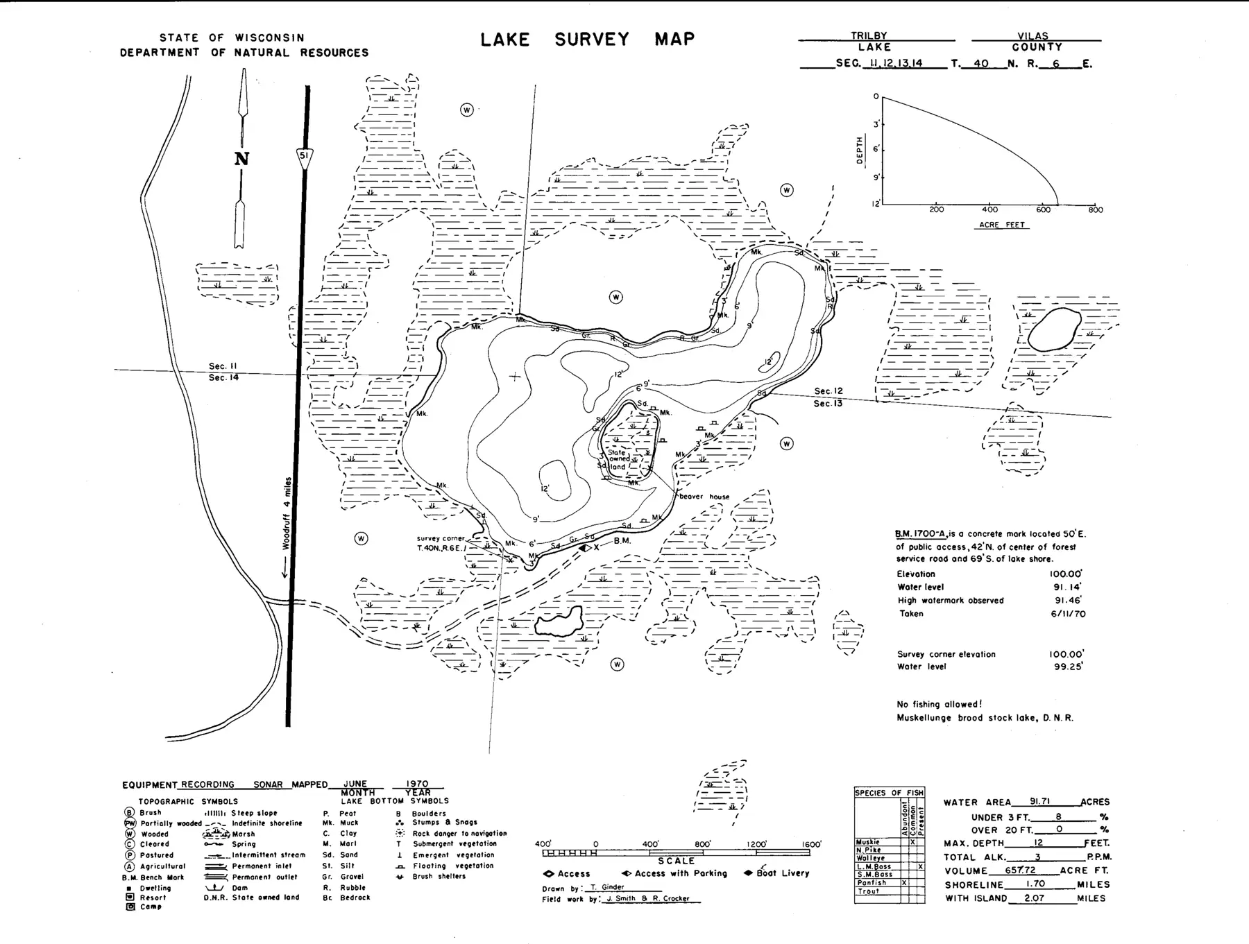 DNR survey map of Trilby Lake, with depths in feet. Tap to zoom.