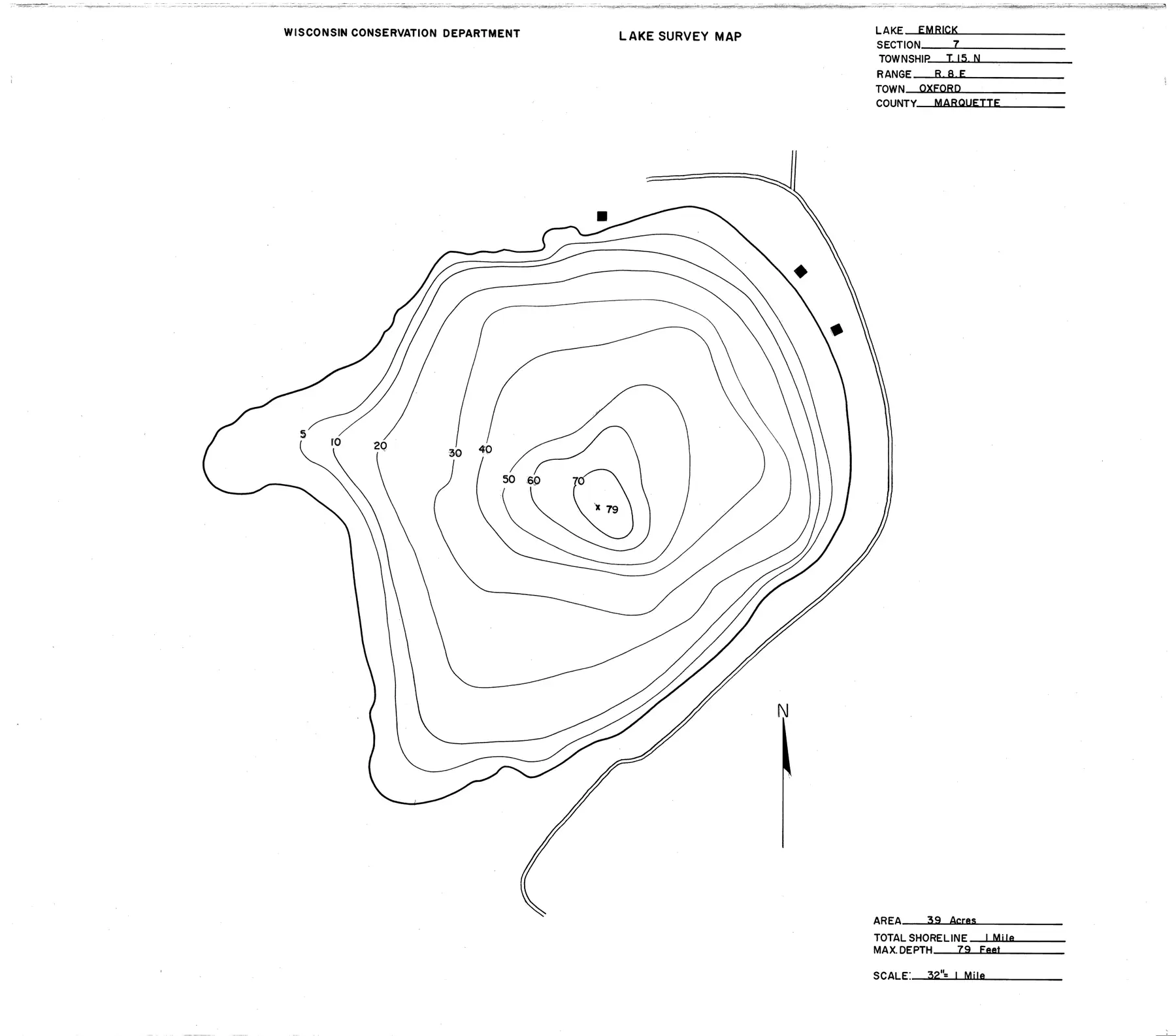 DNR survey map of Emrick Lake, with depths in feet. Tap to zoom.