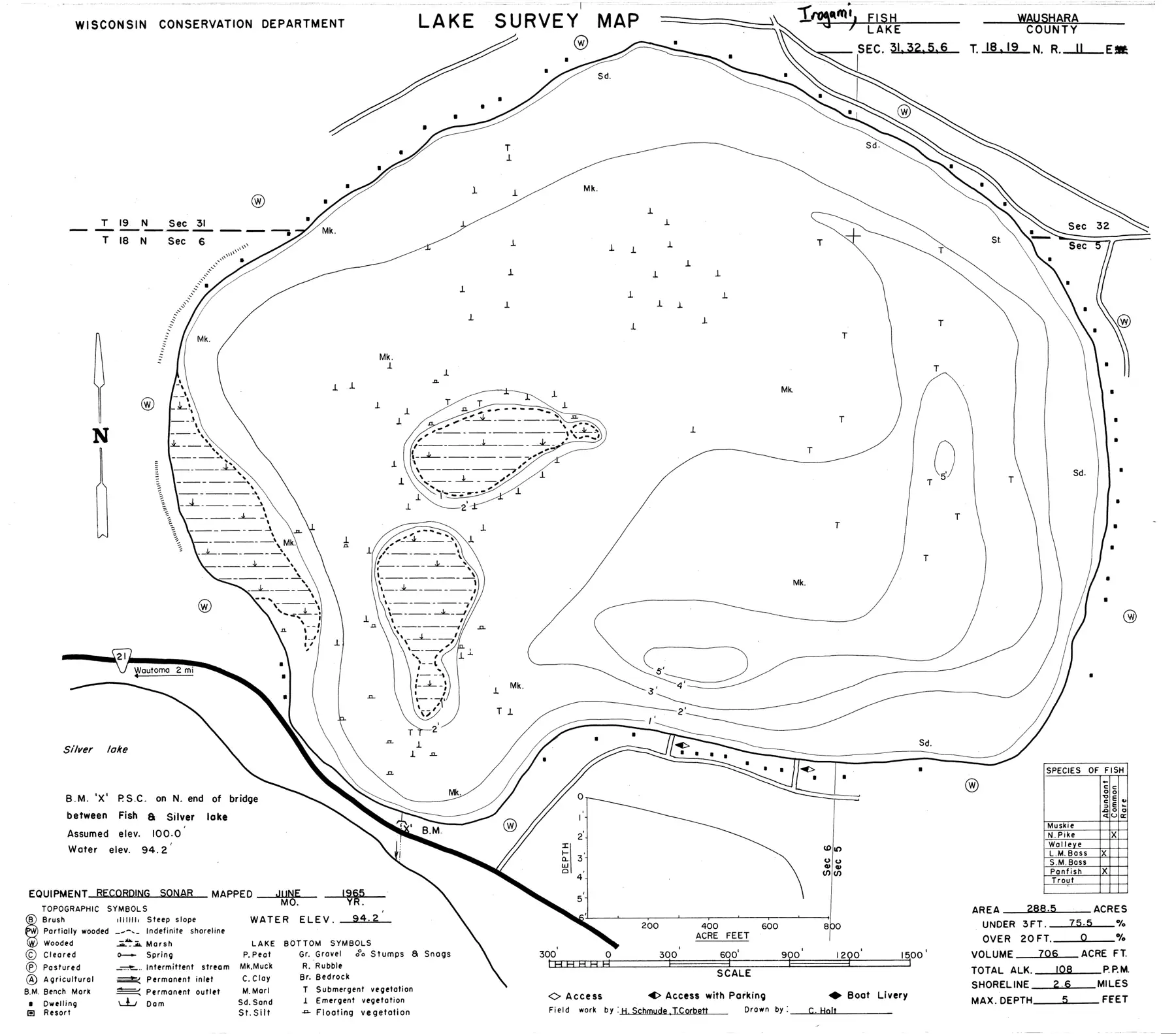 DNR survey map of Irogami Lake, with depths in feet. Tap to zoom.