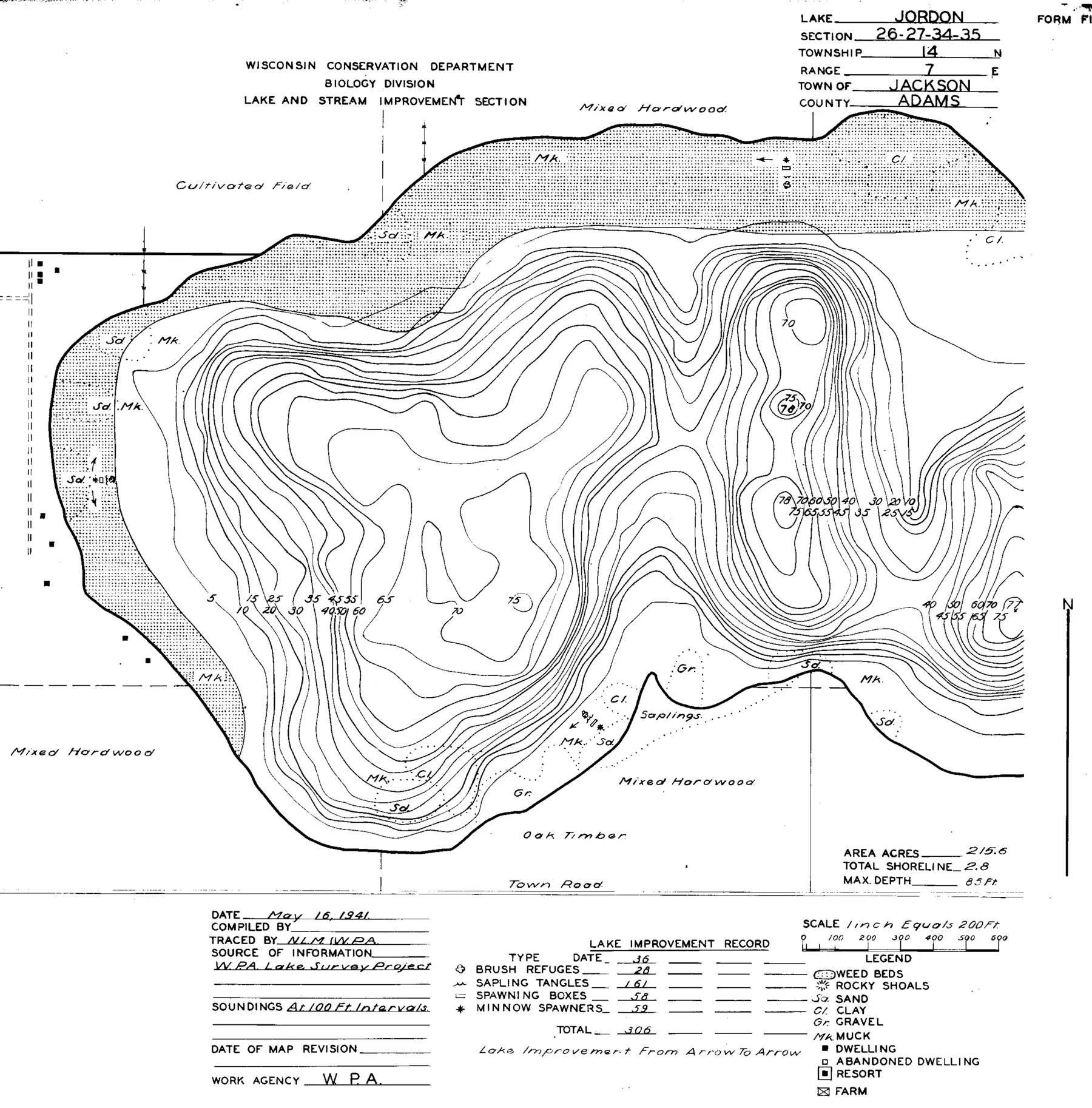 DNR survey map of Jordan Lake, sheet 1 of 2, with depths in feet. Tap to zoom.