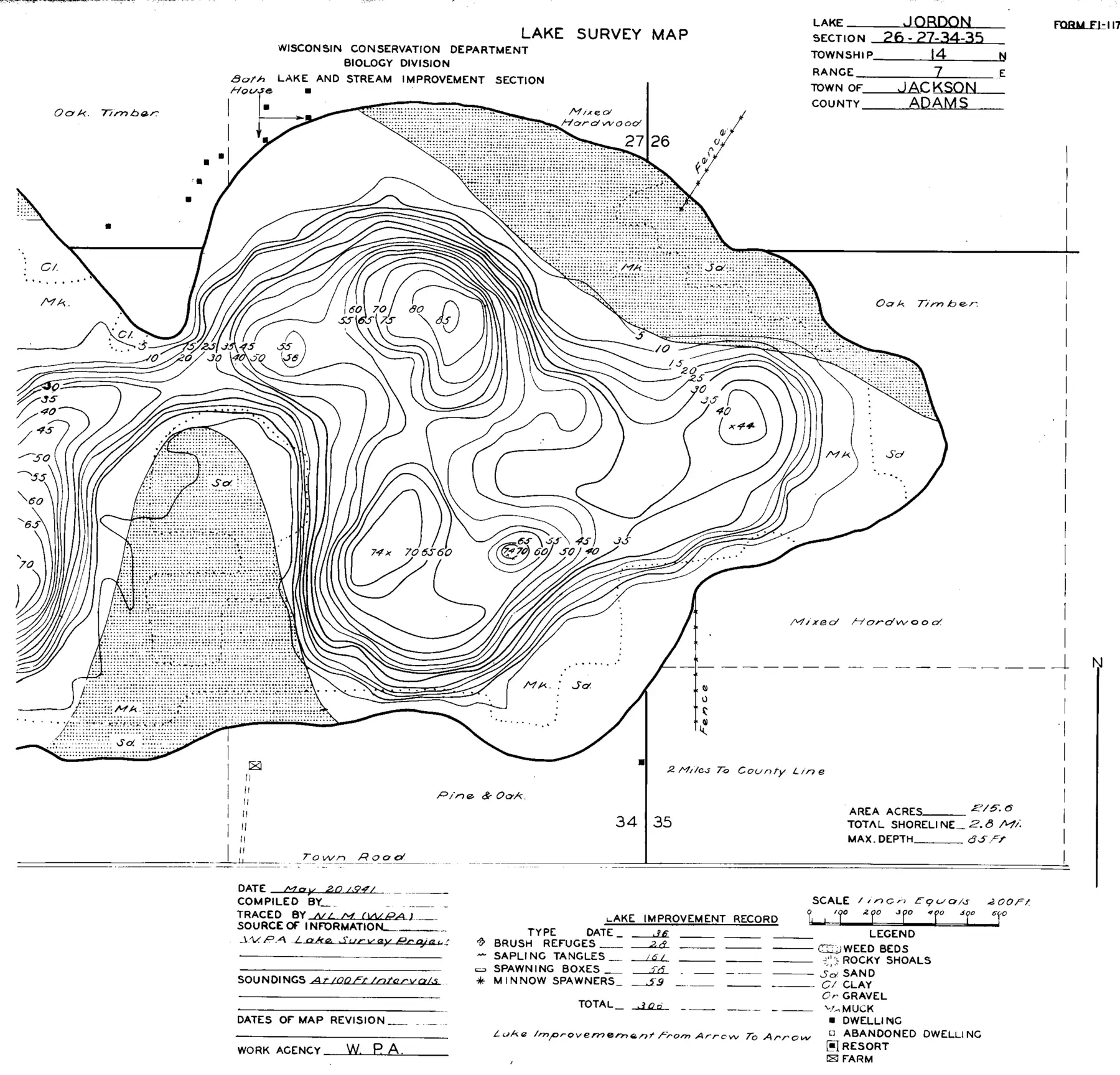 DNR survey map of Jordan Lake, sheet 2 of 2, with depths in feet. Tap to zoom.