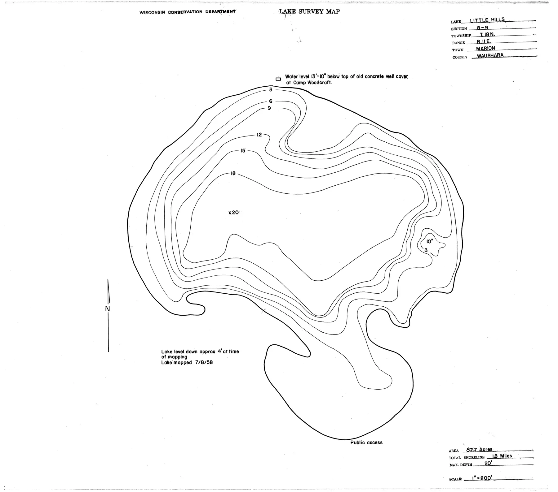 DNR survey map of Hills Lake, with depths in feet. Tap to zoom.