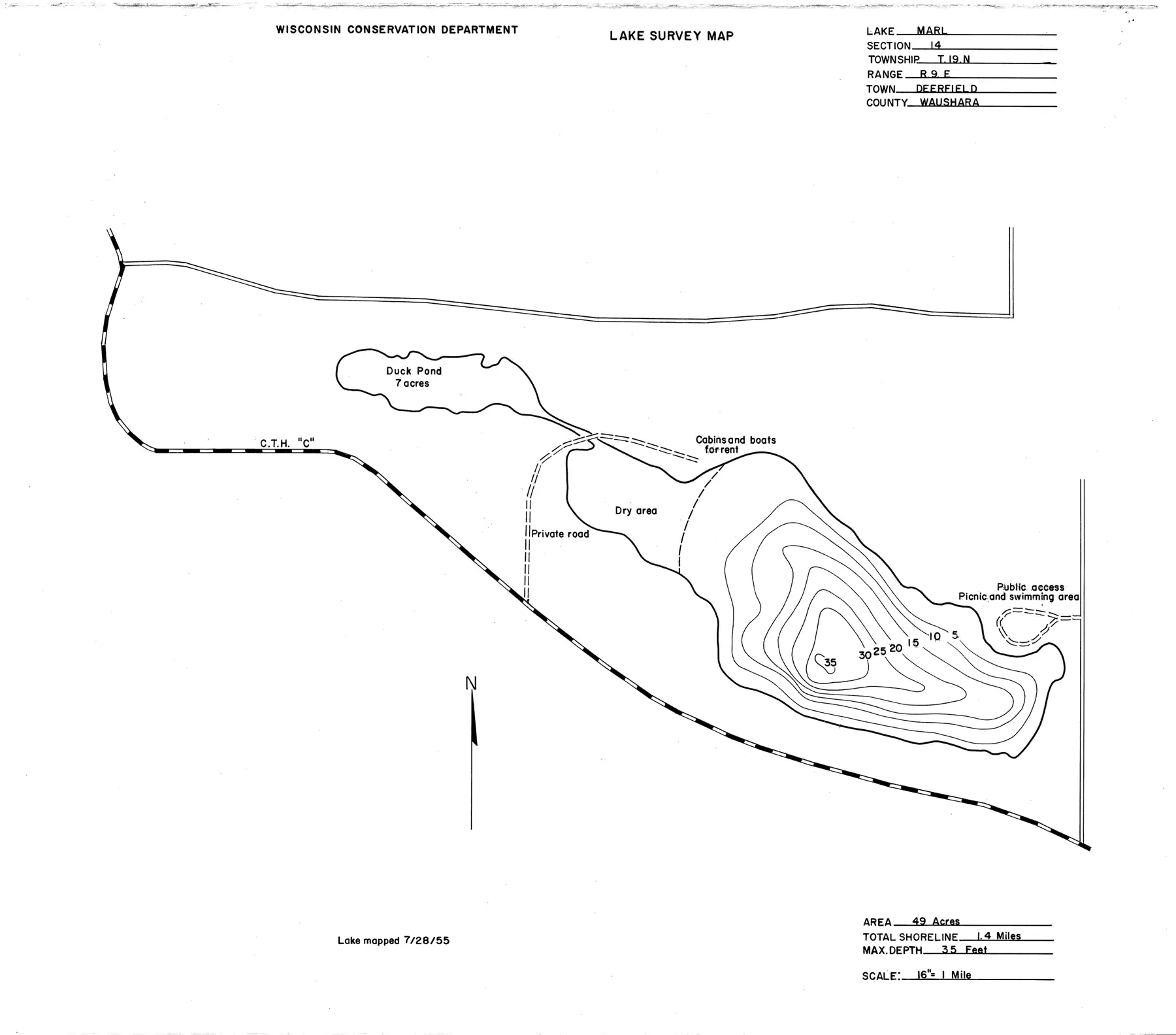 DNR survey map of Marl Lake, with depths in feet. Tap to zoom.