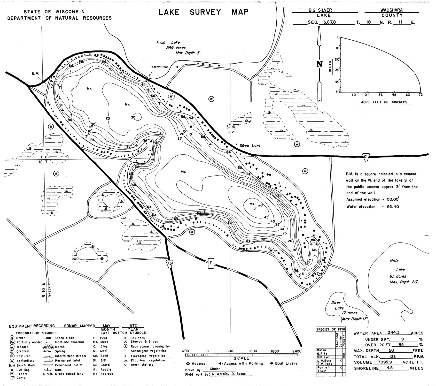 DNR survey map of Silver Lake, with depths in feet. Tap to zoom.
