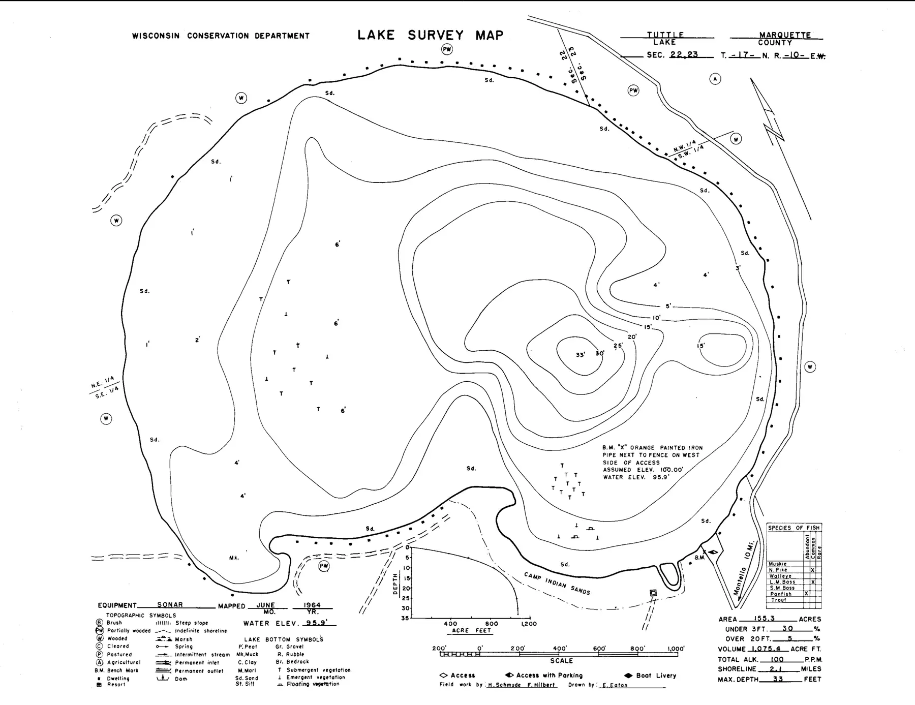 DNR survey map of Tuttle Lake, with depths in feet. Tap to zoom.