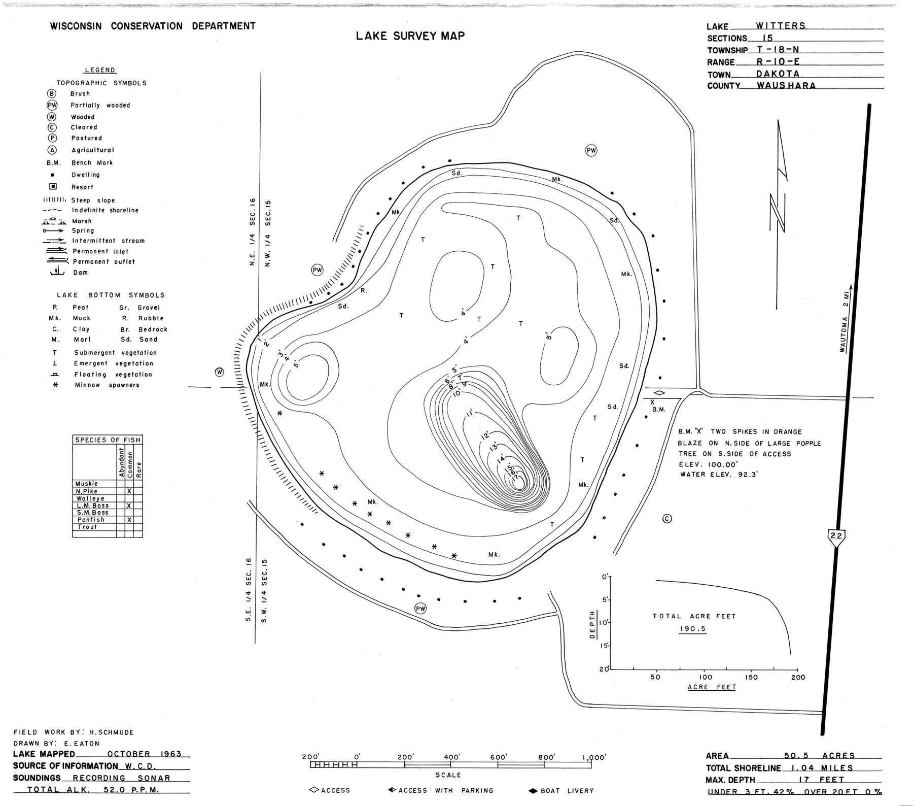 DNR survey map of Witters Lake, with depths in feet. Tap to zoom.