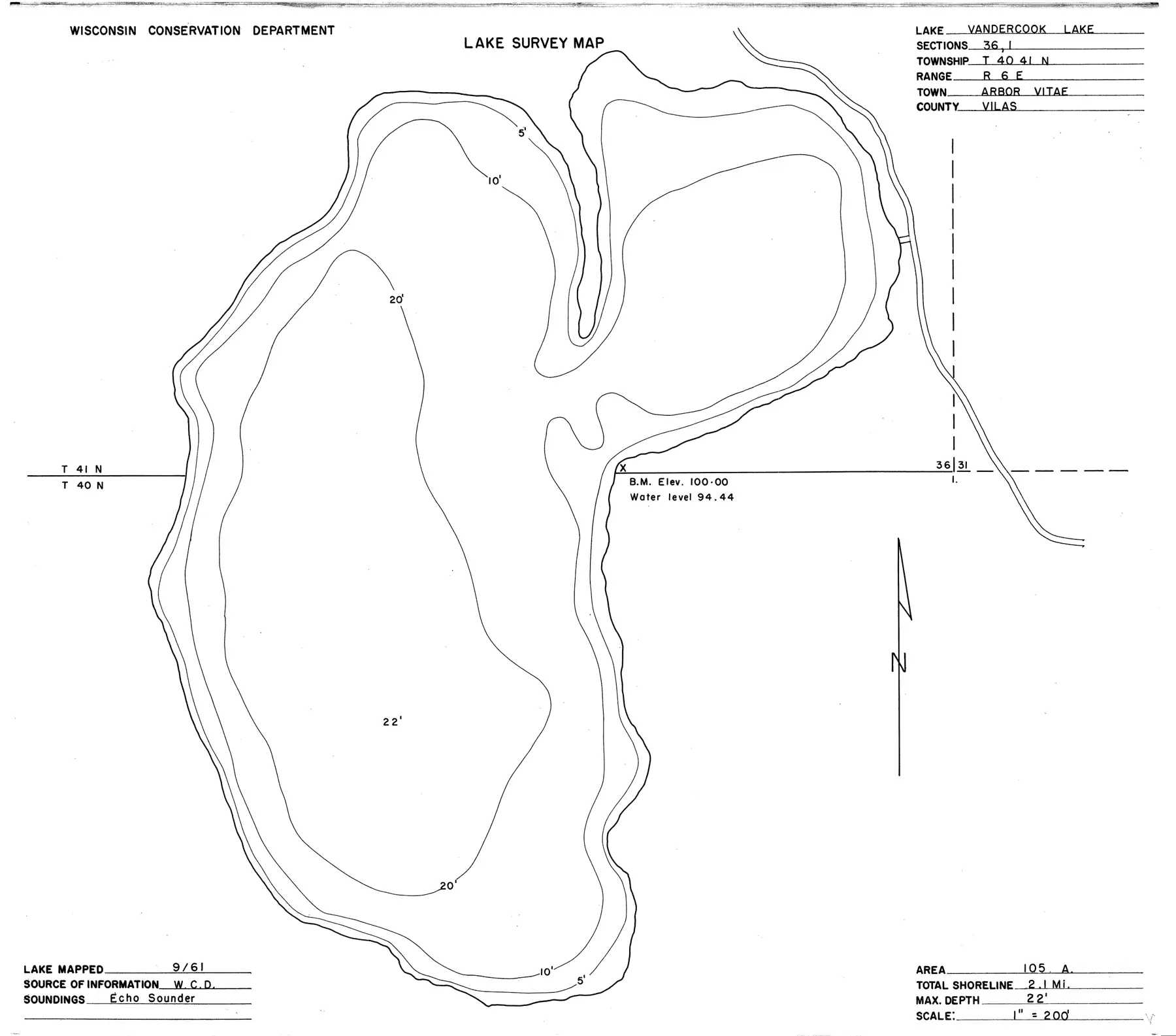 DNR survey map of Vandercook Lake, with depths in feet. Tap to zoom.