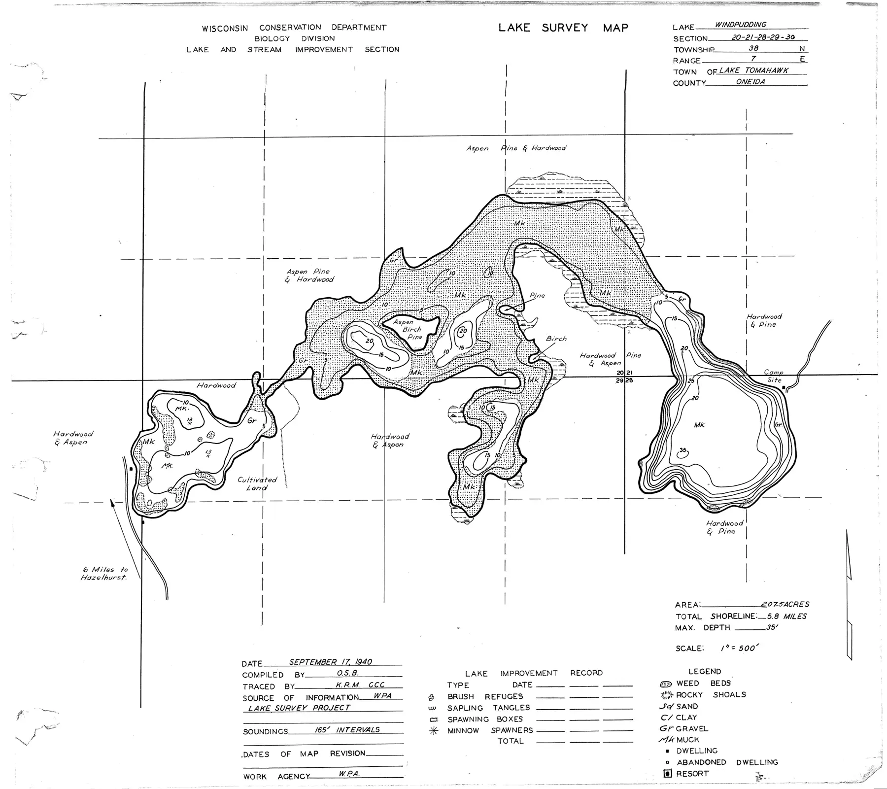 DNR survey map of Wind Pudding Lake, with depths in feet. Tap to zoom.