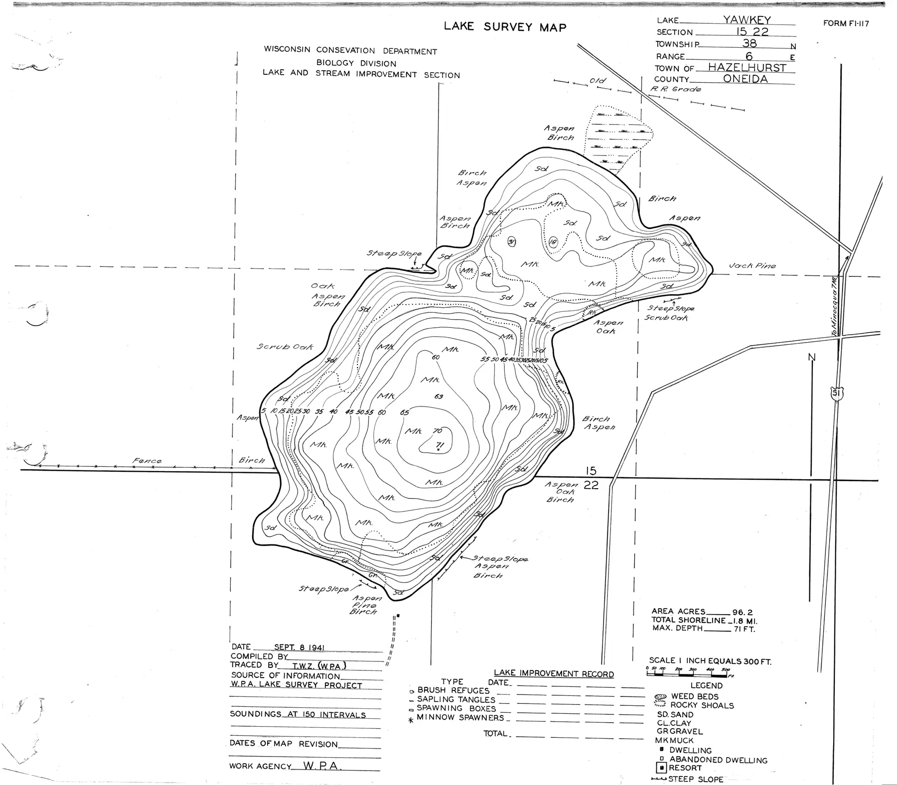 DNR survey map of Yawkey Lake, with depths in feet. Tap to zoom.