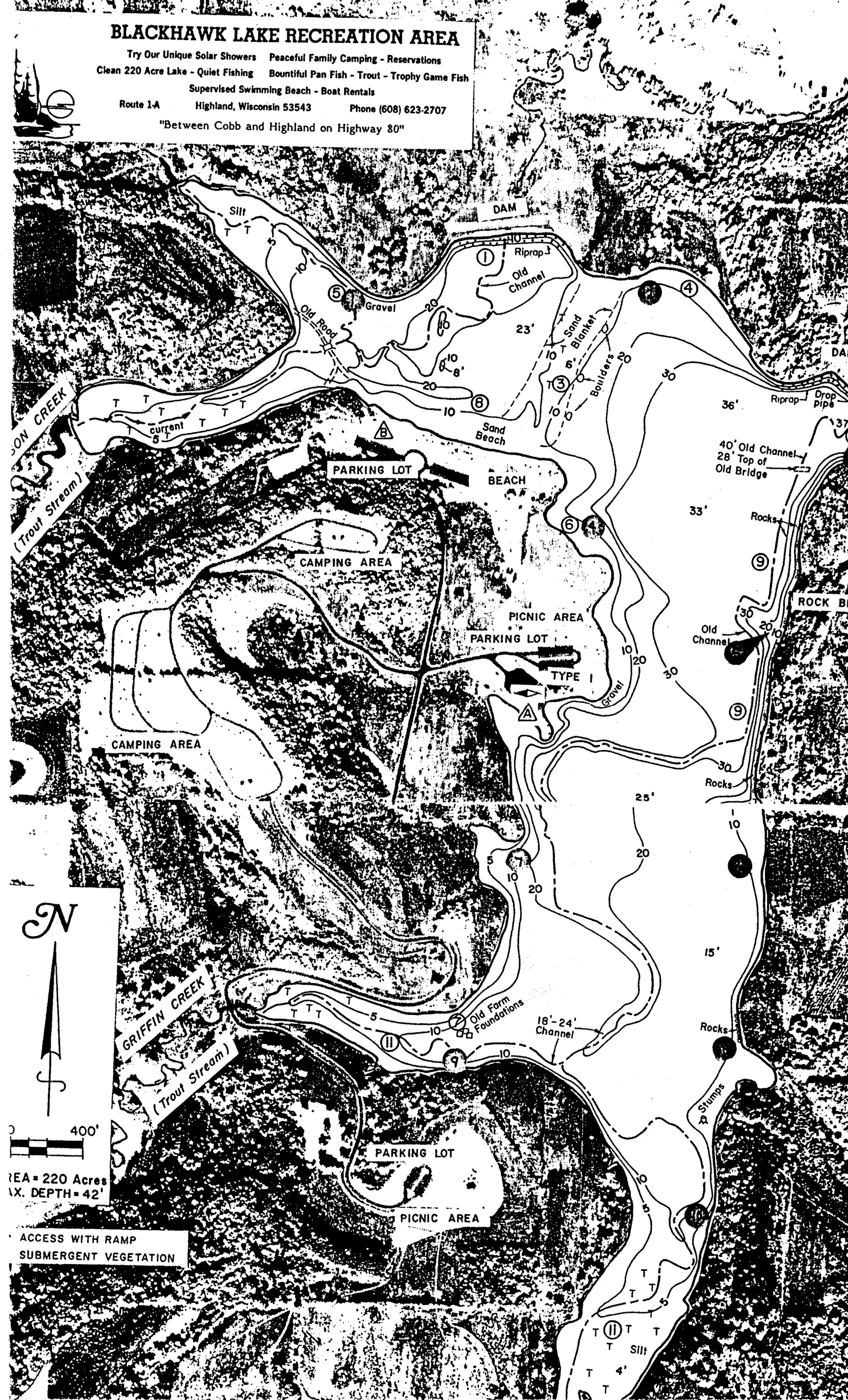 DNR survey map of Blackhawk Lake, with depths in feet. Tap to zoom.
