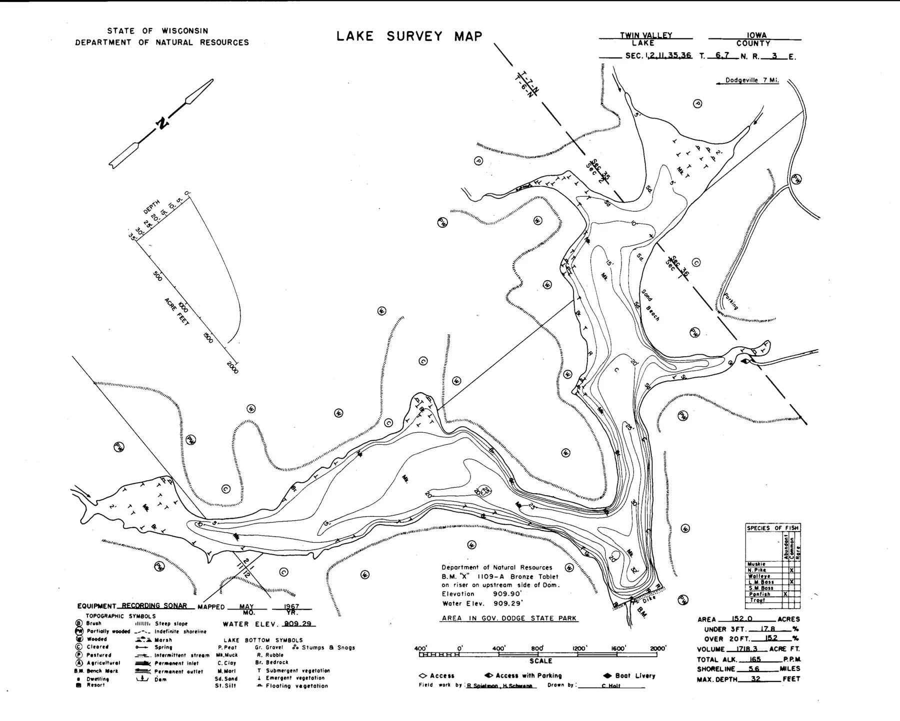 DNR survey map of Twin Valley Lake, with depths in feet. Tap to zoom.