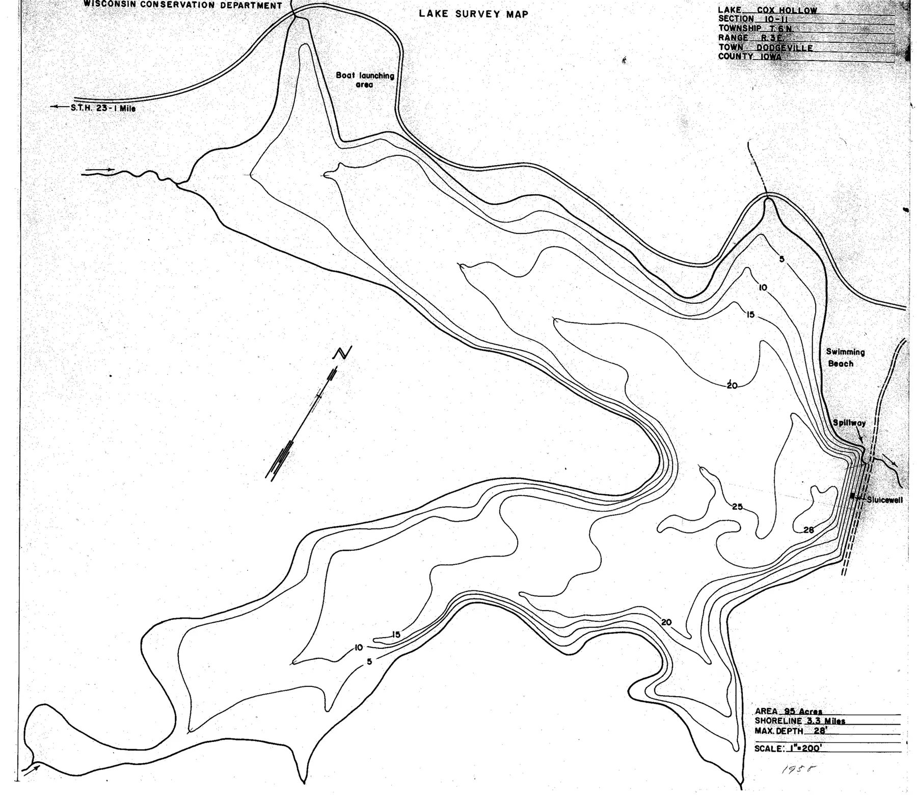DNR survey map of Cox Hollow Lake, with depths in feet. Tap to zoom.