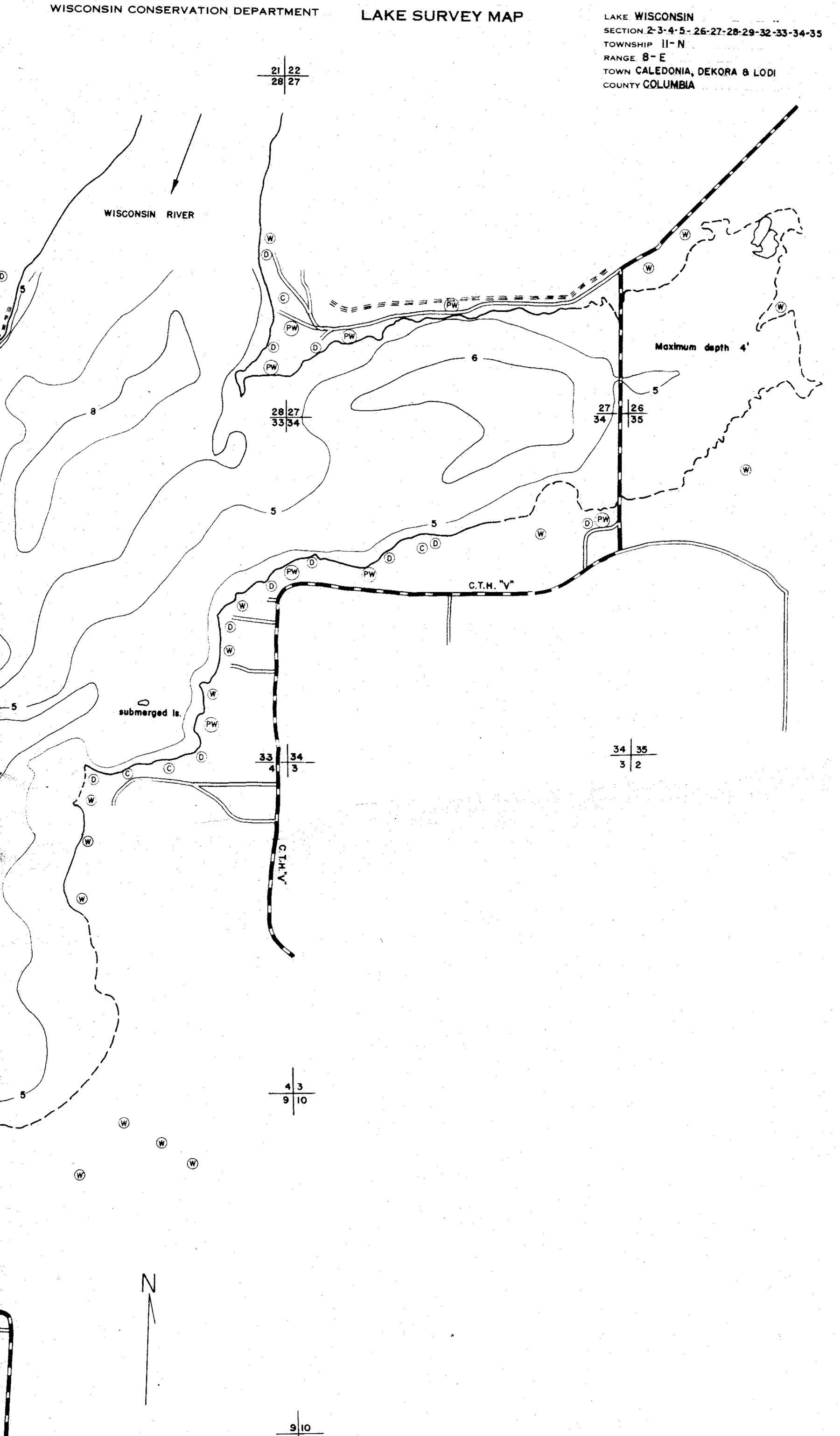 DNR survey map of Lake Wisconsin, sheet 1 of 4, with depths in feet. Tap to zoom.