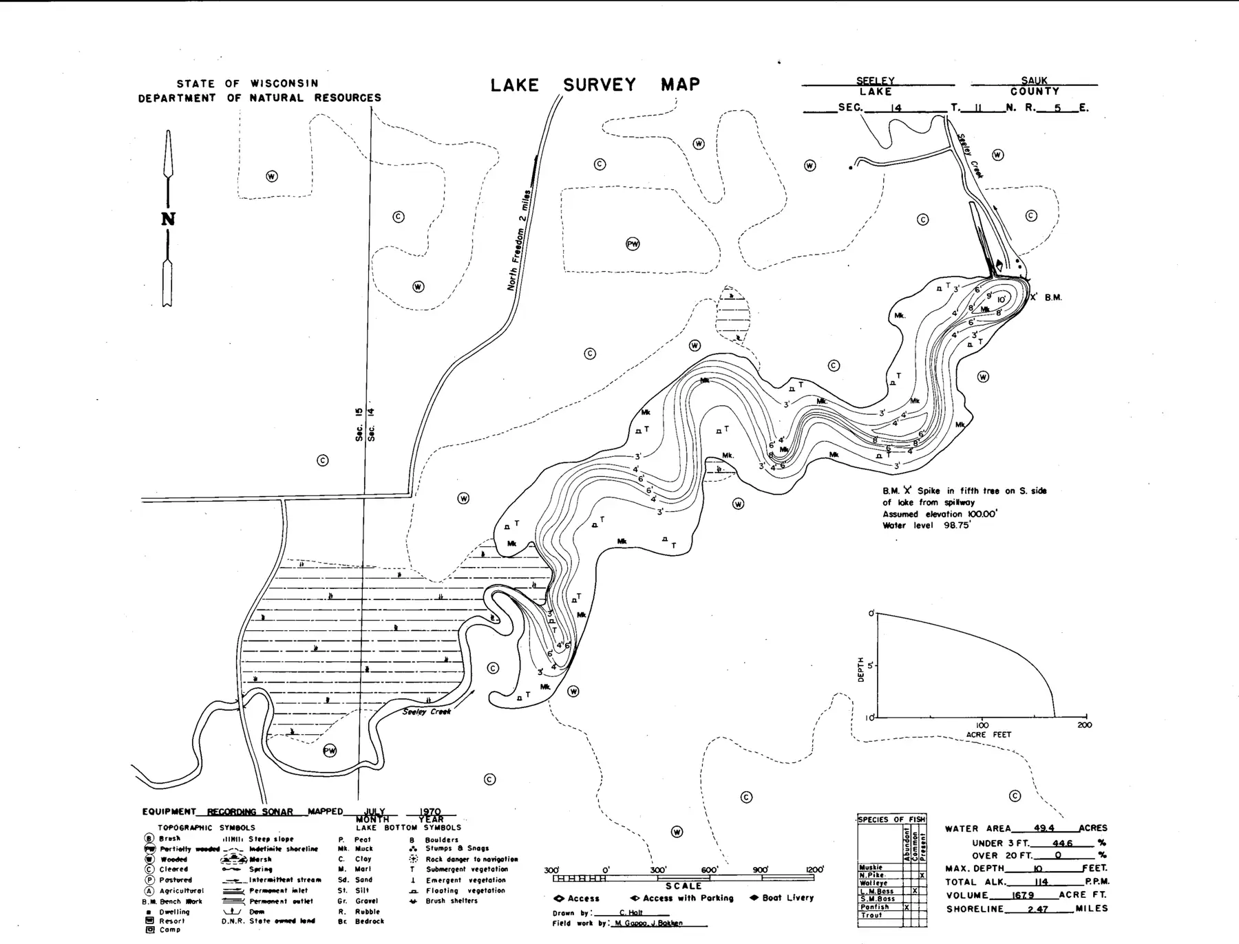 DNR survey map of Seeley Lake, with depths in feet. Tap to zoom.
