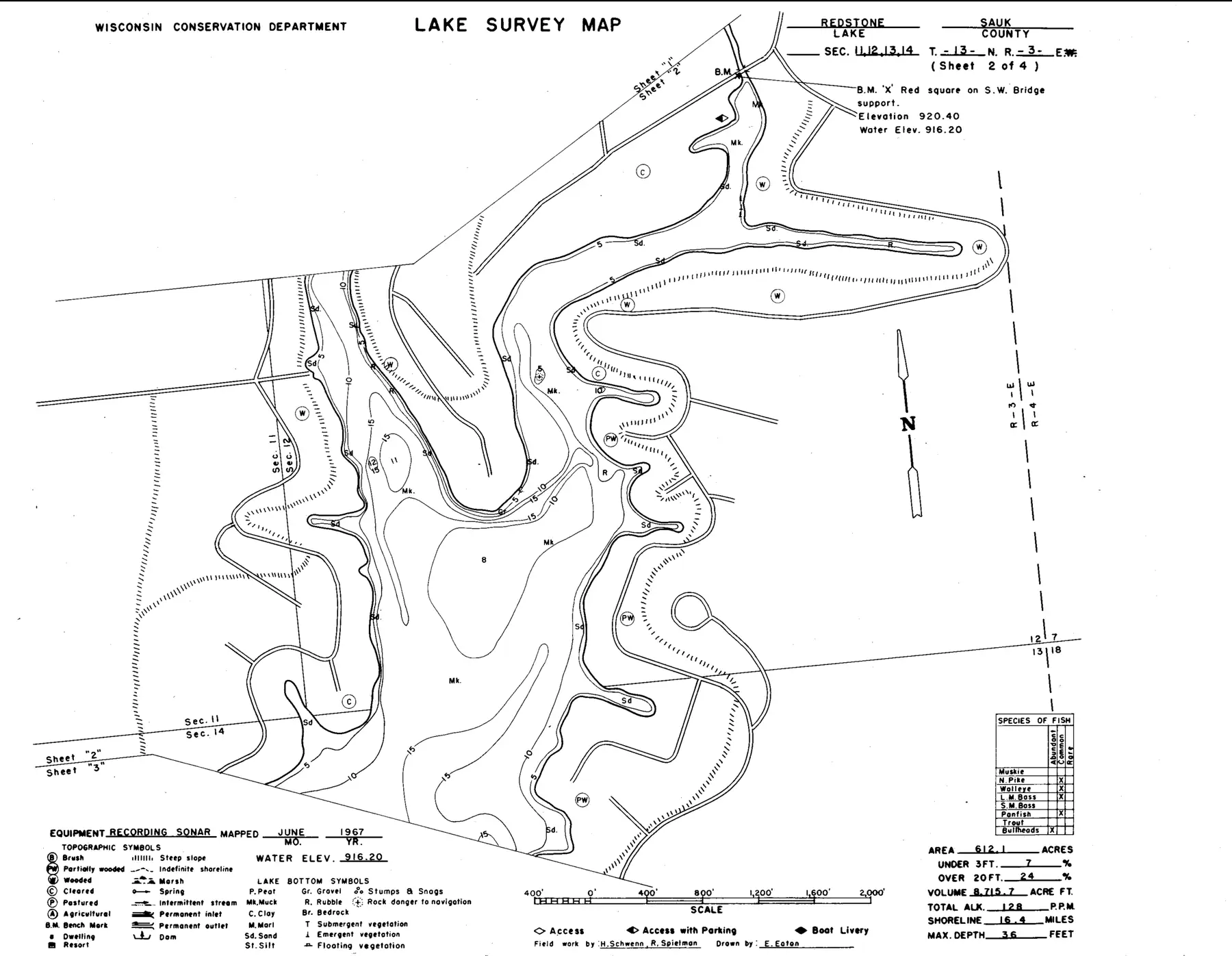 DNR survey map of Redstone Lake, sheet 2 of 4, with depths in feet. Tap to zoom.