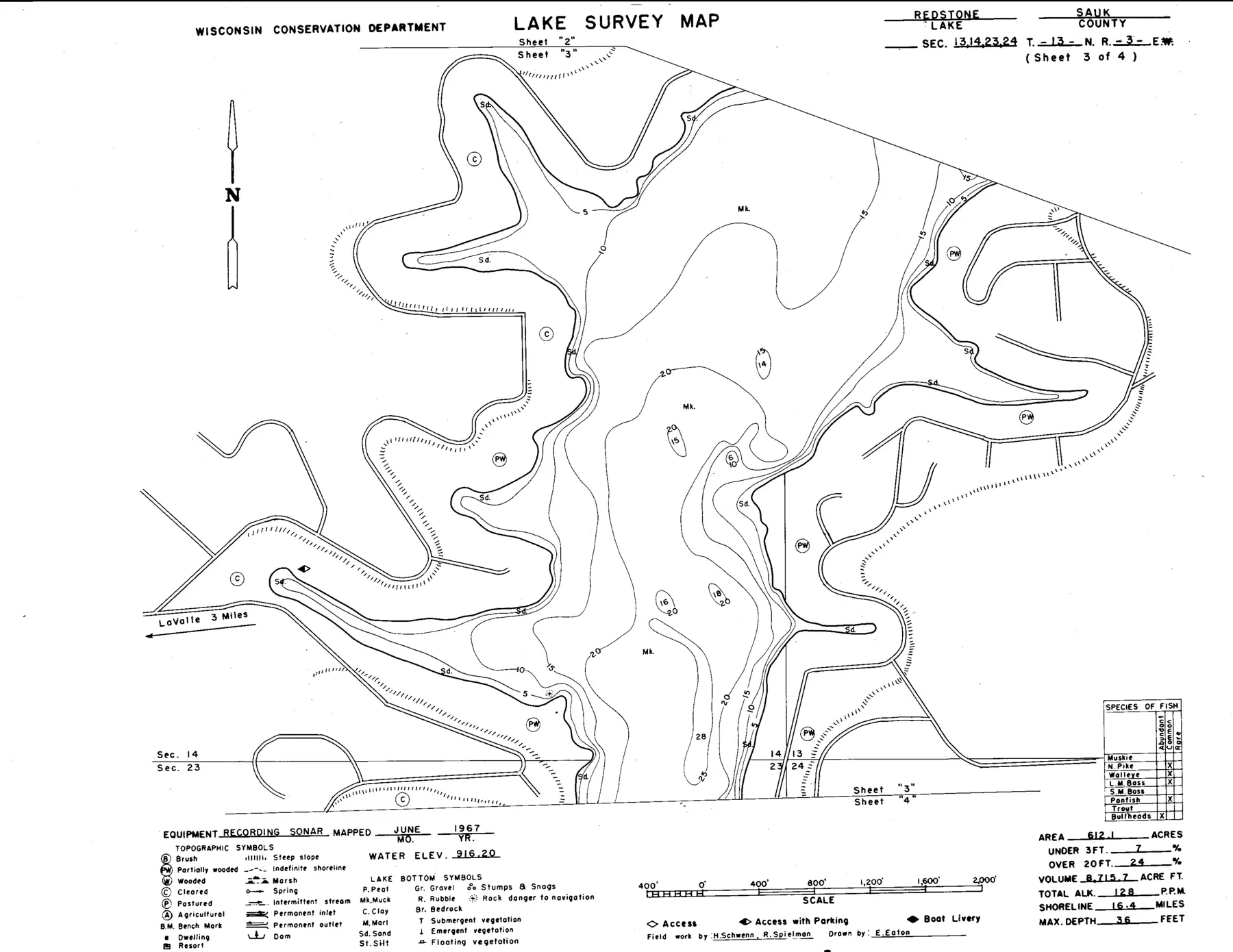 DNR survey map of Redstone Lake, sheet 3 of 4. Tap to zoom.