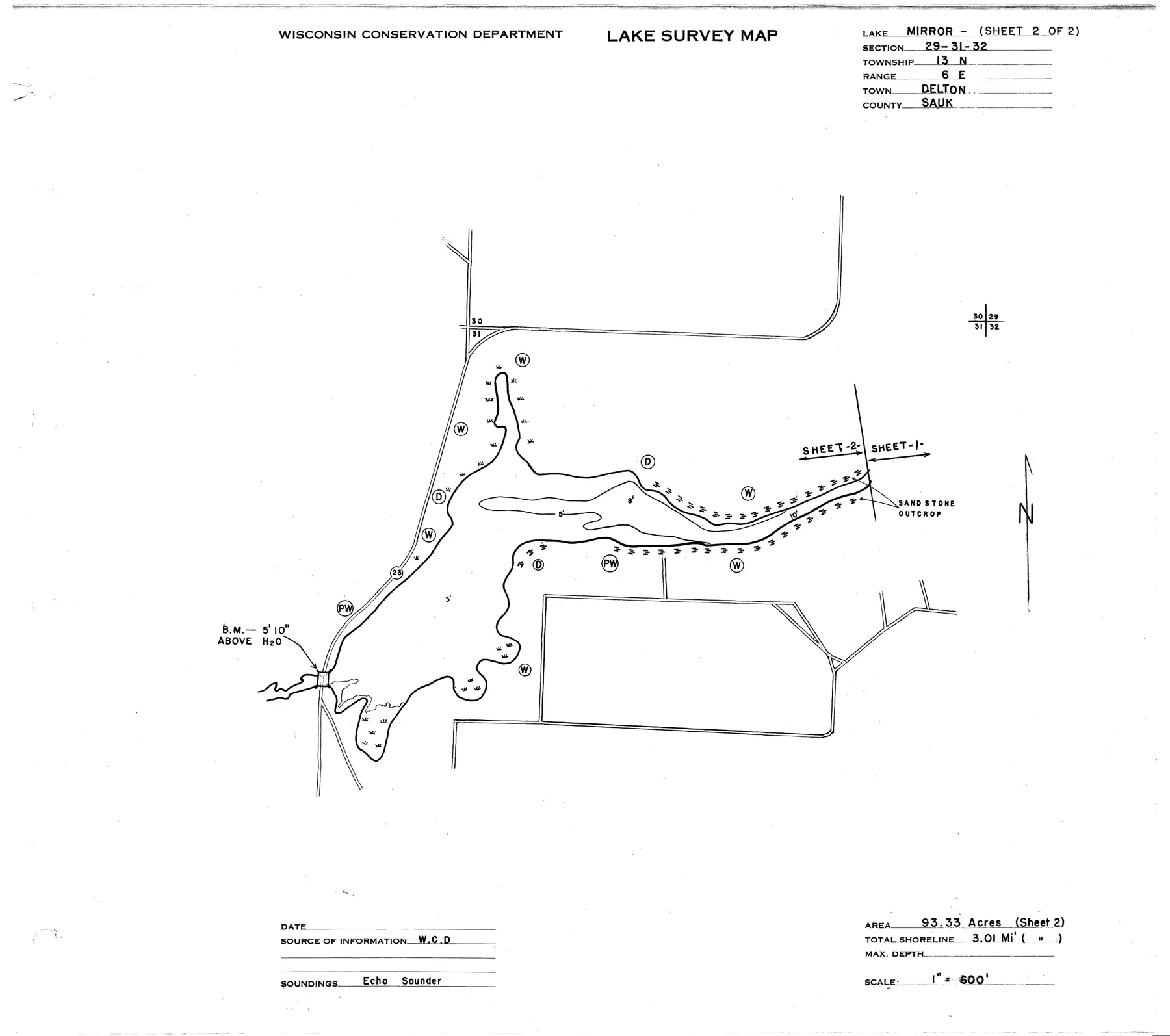 DNR survey map of Mirror Lake, sheet 2 of 2, with depths in feet. Tap to zoom.