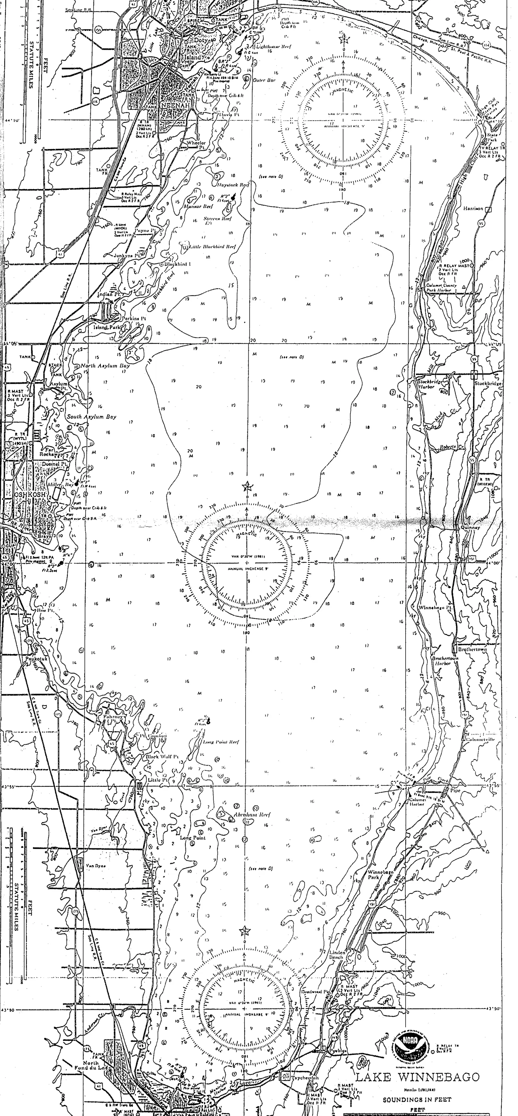 DNR survey map of Lake Winnebago, with depths in feet. Tap to zoom.