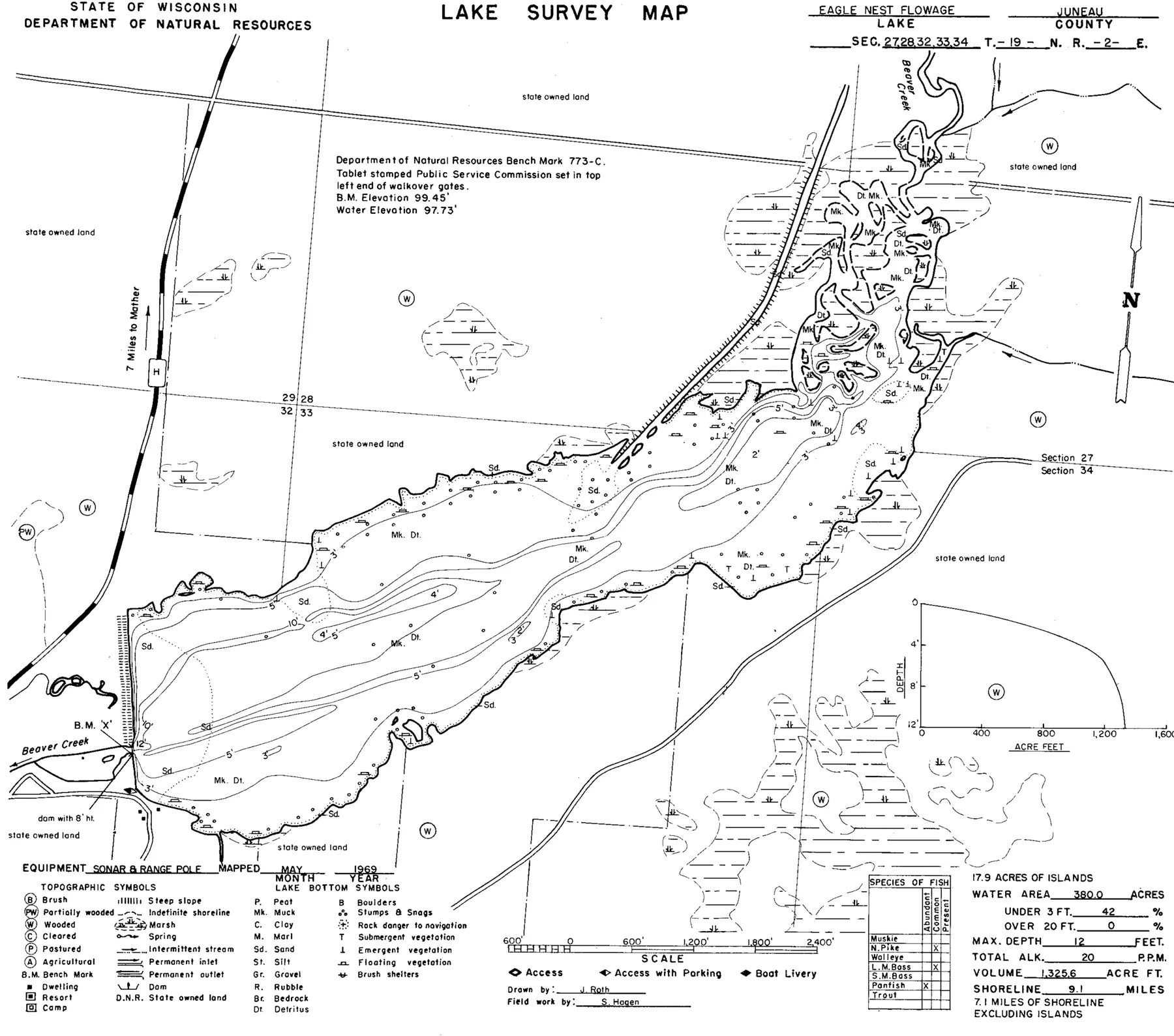 DNR survey map of Eagle Nest Flowage (Potters), with depths in feet. Tap to zoom.