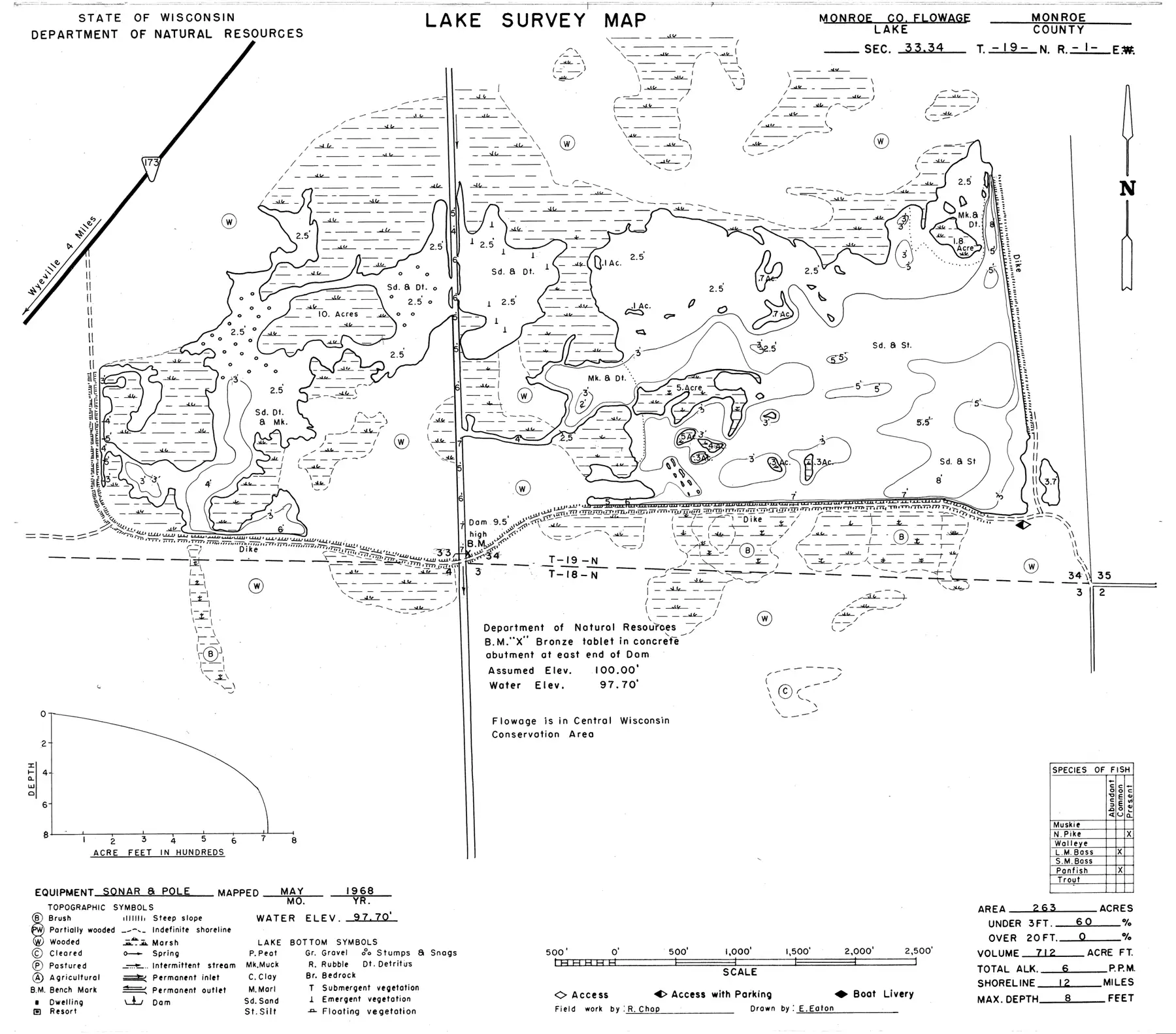 DNR survey map of Monroe County Flowage, with depths in feet. Tap to zoom.