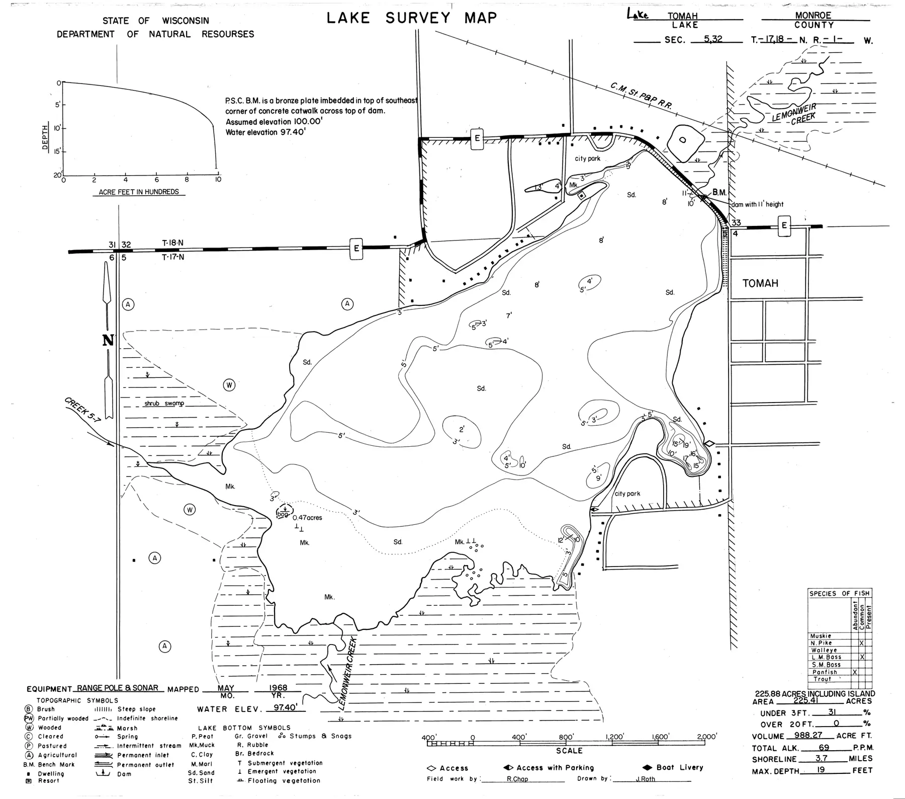 DNR survey map of Tomah Lake, with depths in feet. Tap to zoom.