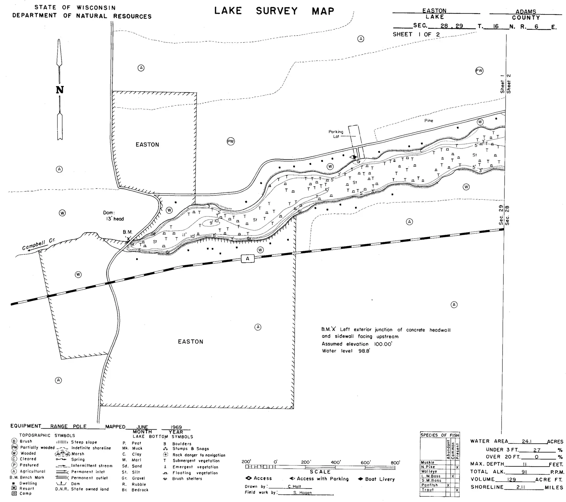DNR survey map of Easton Lake, sheet 1 of 2, with depths in feet. Tap to zoom.