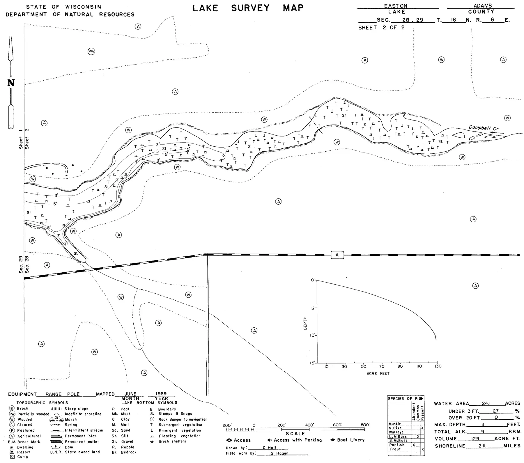 DNR survey map of Easton Lake, sheet 2 of 2, with depths in feet. Tap to zoom.