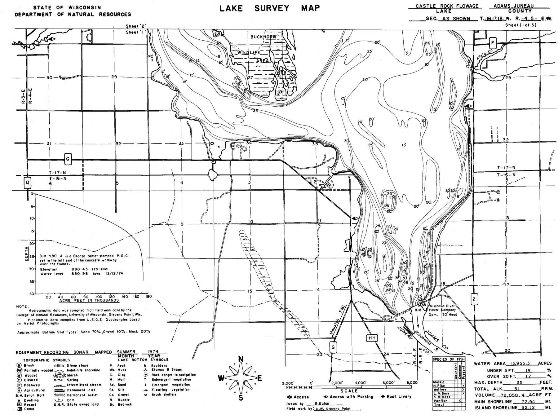 DNR survey map of Castle Rock Lake, sheet 1 of 3, with depths in feet. Tap to zoom.