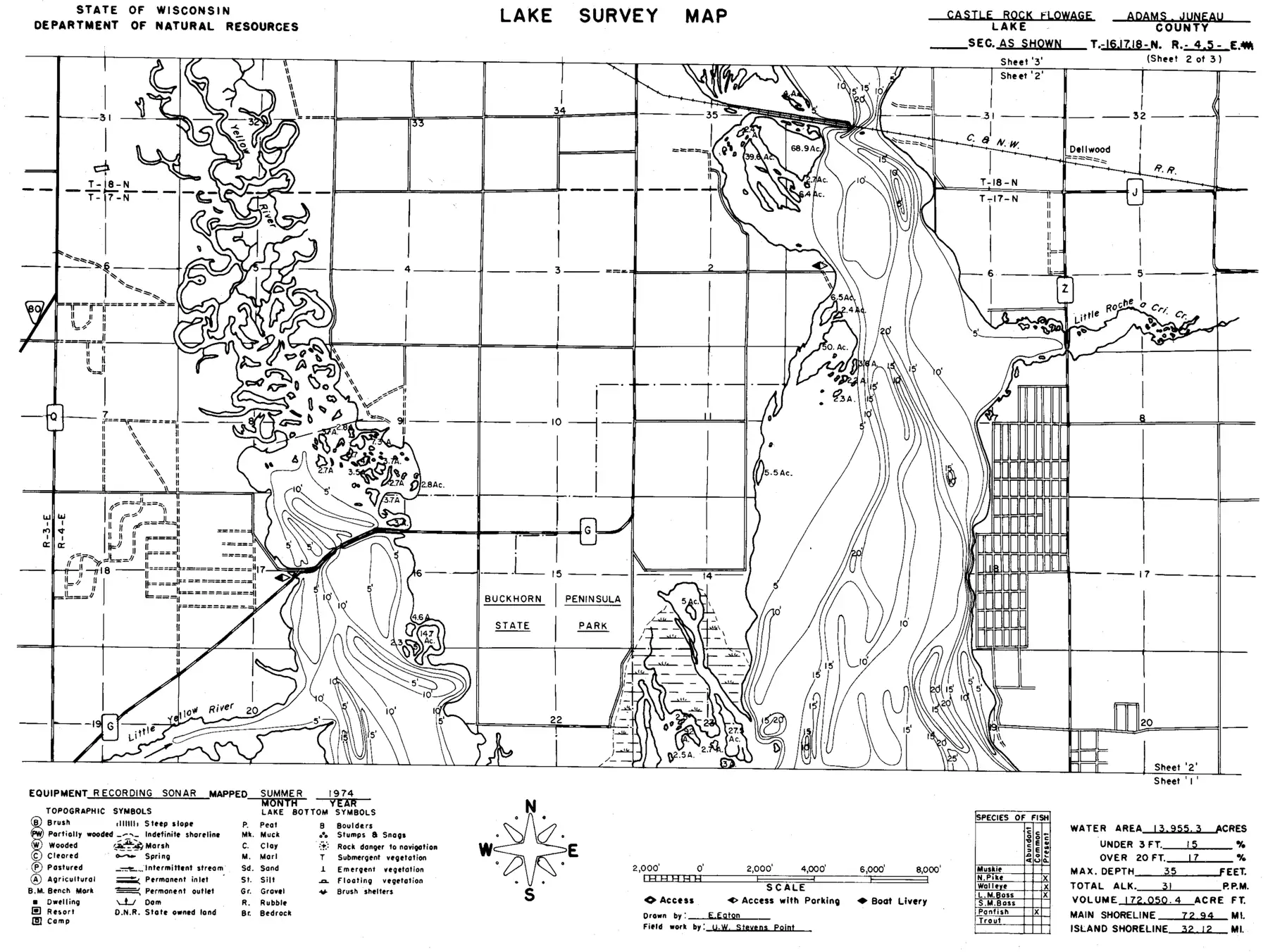 DNR survey map of Castle Rock Lake, sheet 2 of 3, with depths in feet. Tap to zoom.