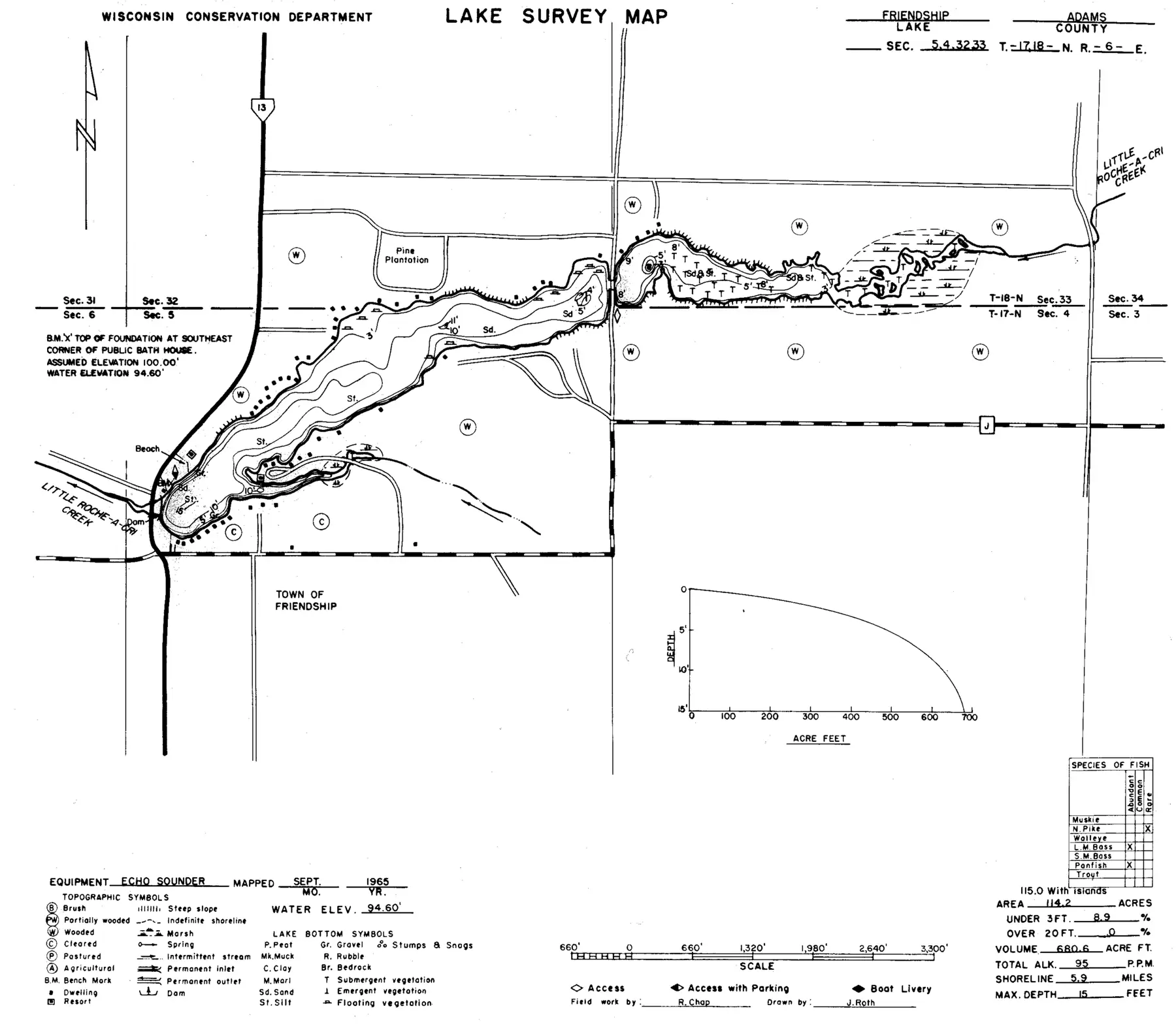 DNR survey map of Friendship Lake (Millpond), sheet 2 of 2, with depths in feet. Tap to zoom.