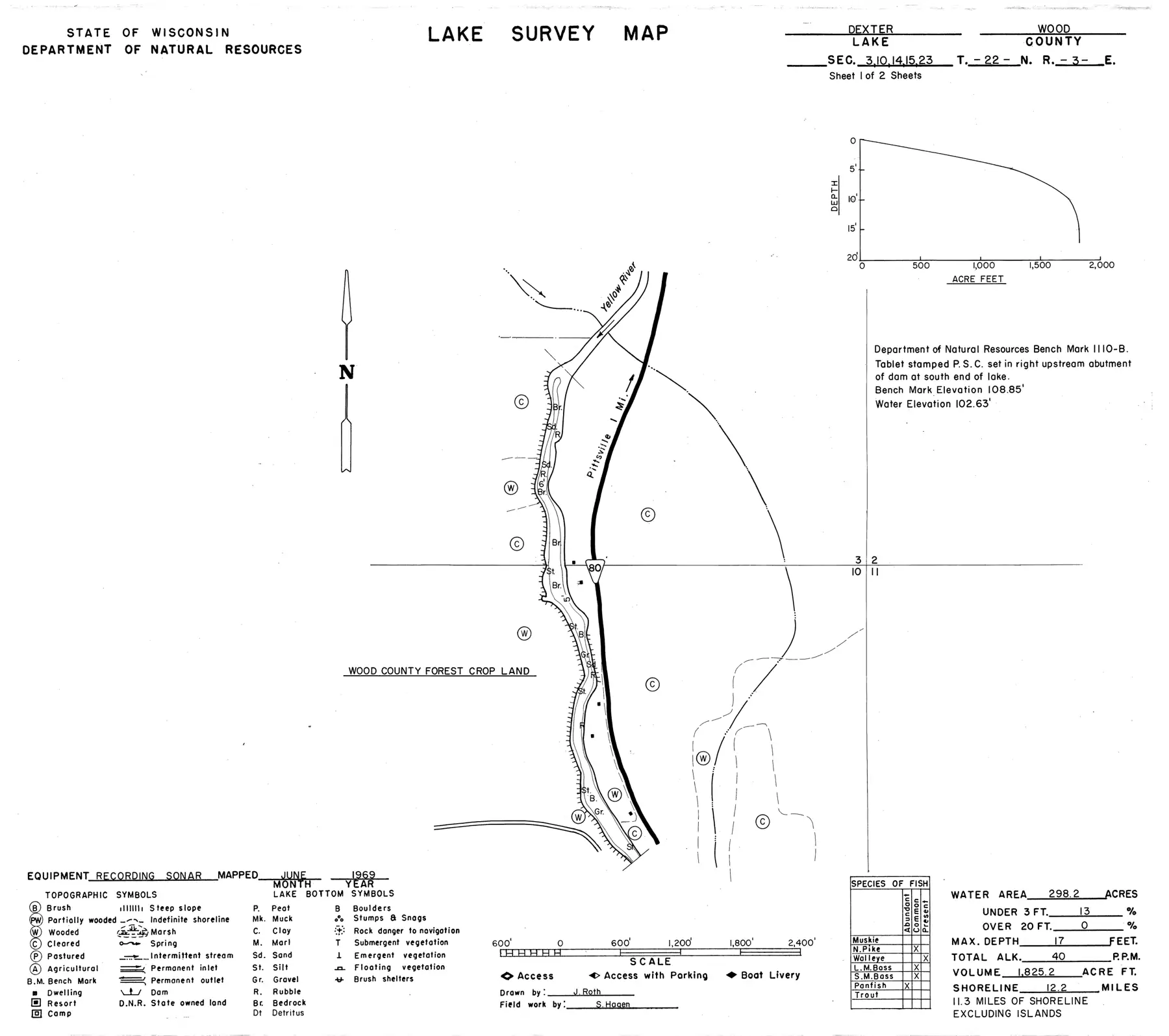 DNR survey map of Dexter Lake, sheet 1 of 2, with depths in feet. Tap to zoom.
