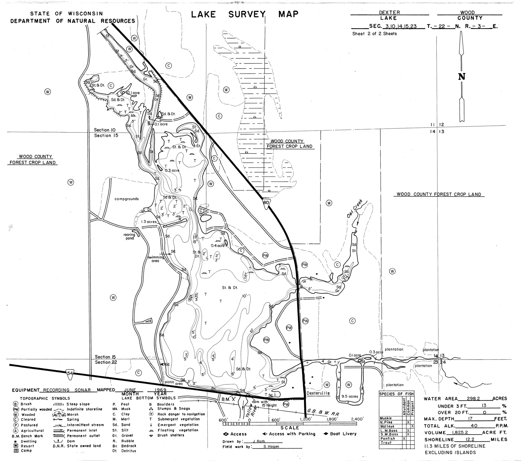 DNR survey map of Dexter Lake, sheet 2 of 2, with depths in feet. Tap to zoom.