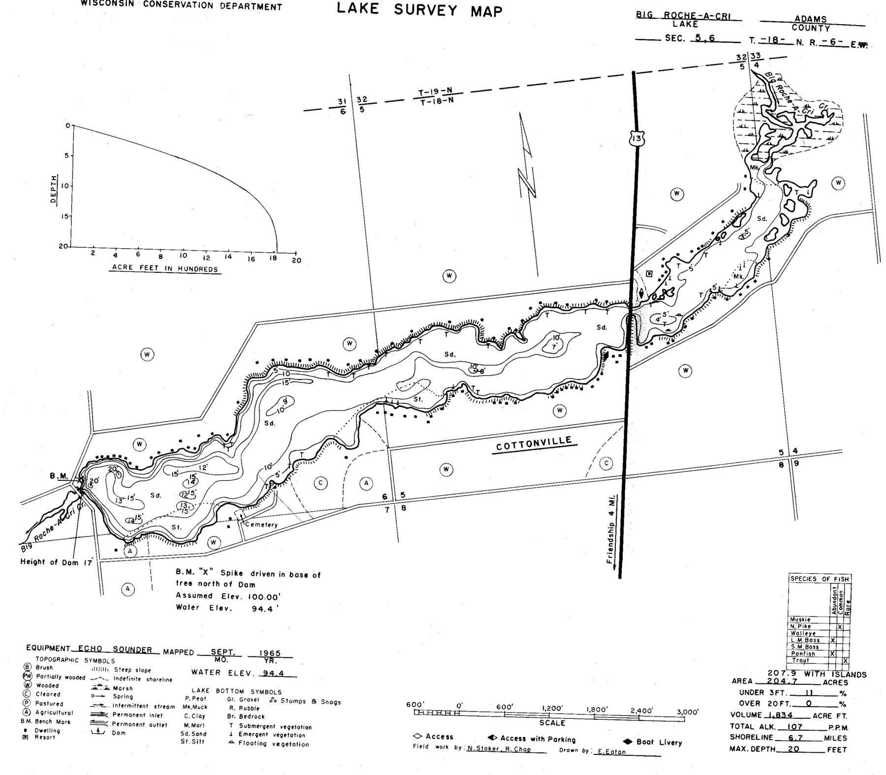 DNR survey map of Big Roche A Cri Lake, with depths in feet. Tap to zoom.