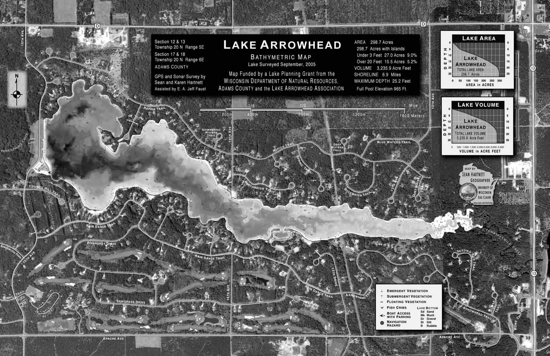 DNR survey map of Arrowhead Lake (Manchester), with depths in feet. Tap to zoom.