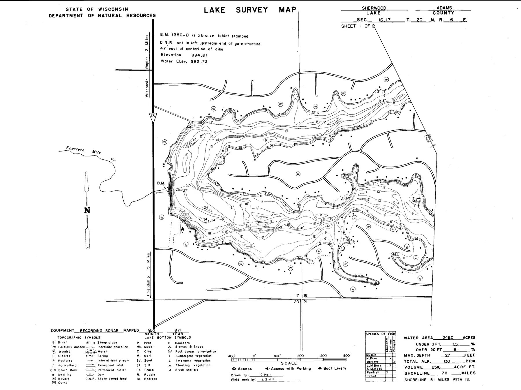 DNR survey map of Sherwood Lake (Deer Lodge), sheet 1 of 2, with depths in feet. Tap to zoom.