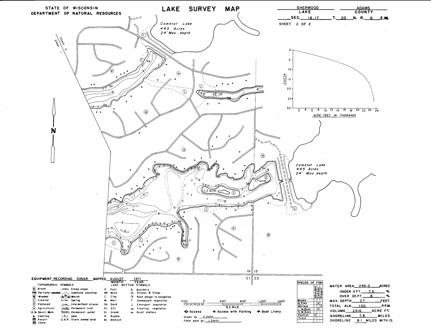 DNR survey map of Sherwood Lake (Deer Lodge), sheet 2 of 2, with depths in feet. Tap to zoom.