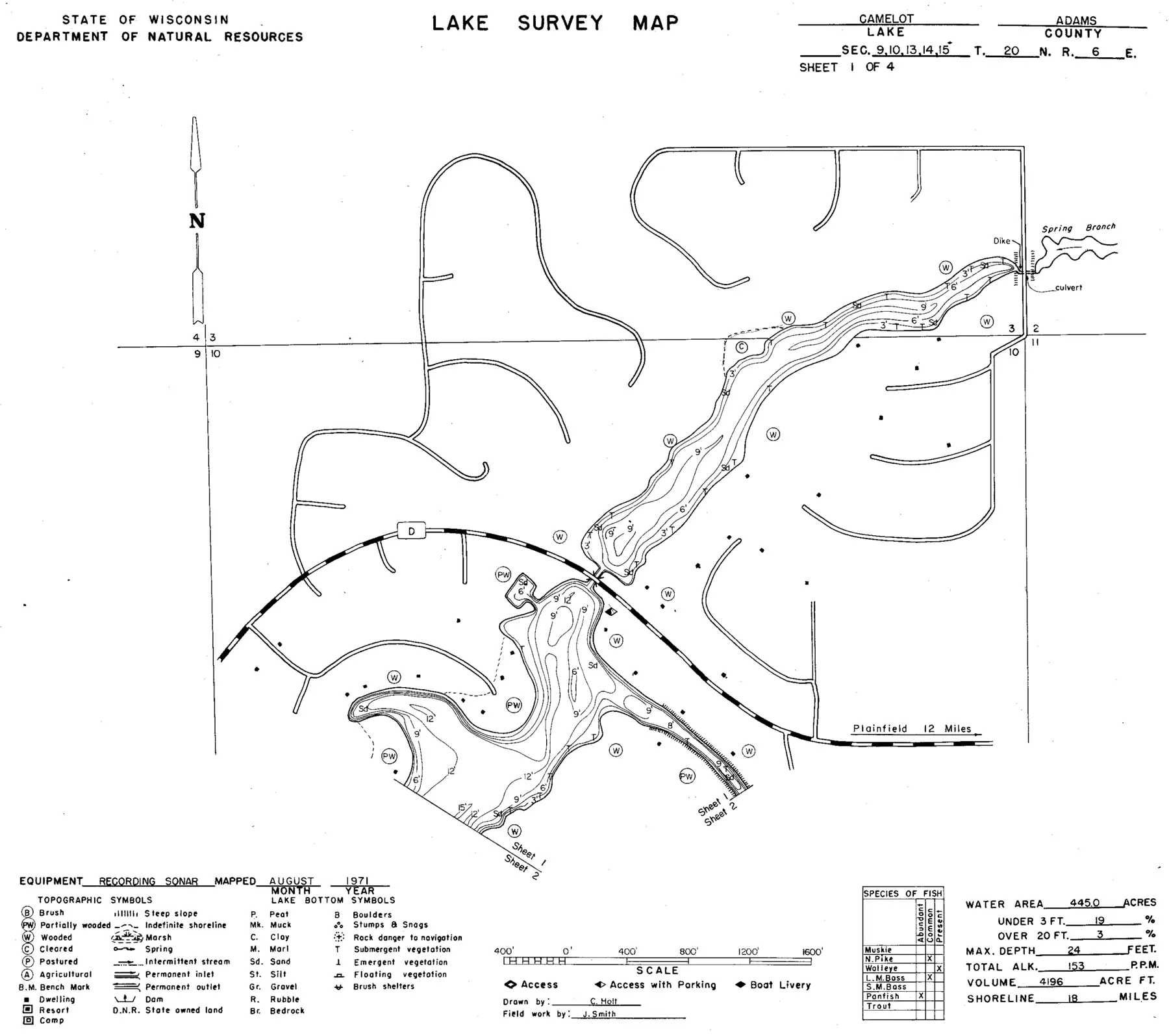 DNR survey map of Camelot Lake, sheet 1 of 4, with depths in feet. Tap to zoom.